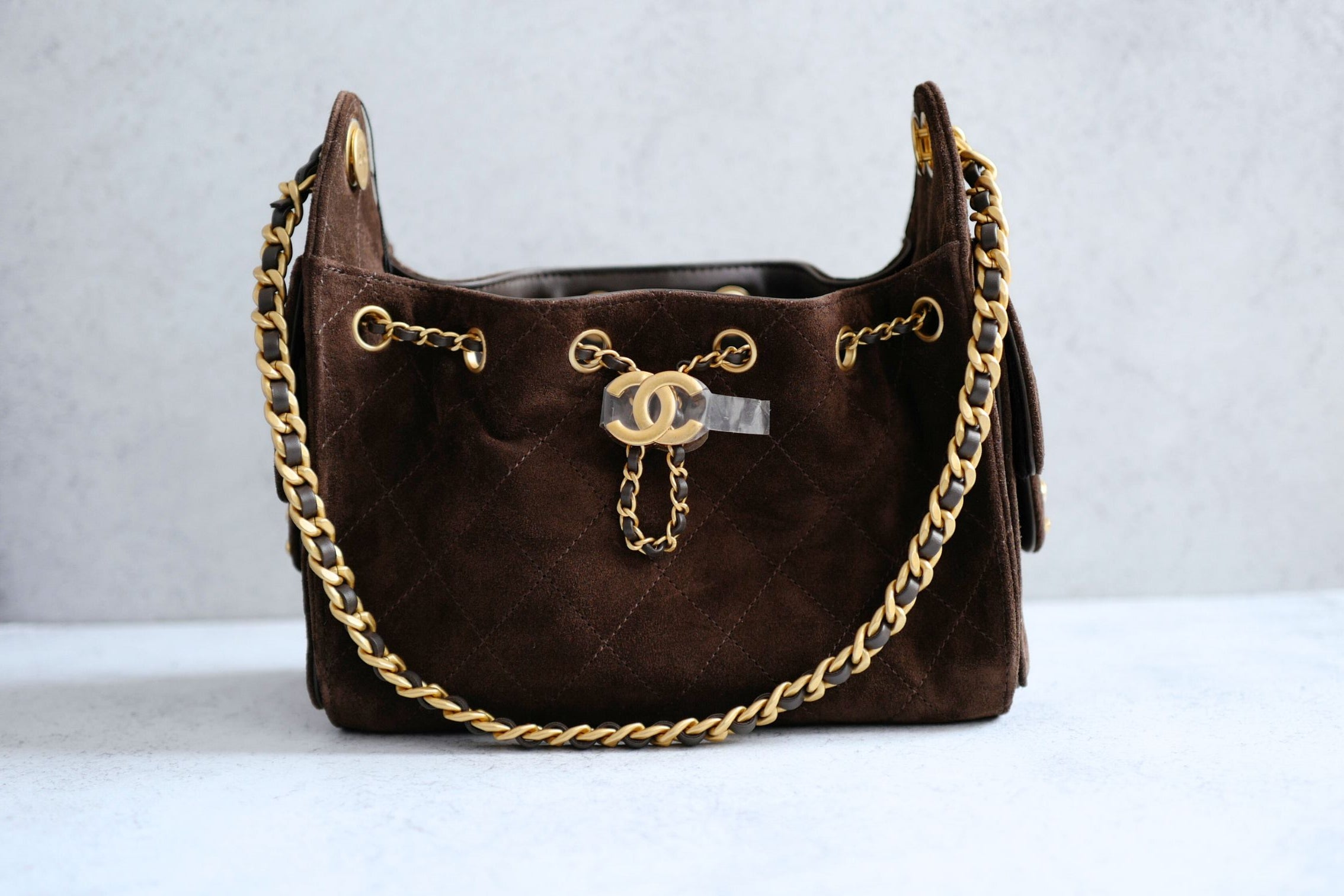 Chanel 26C Mini Hobo Shoulder Bag Dark Brown Suede Calfskin Gold Hardware
