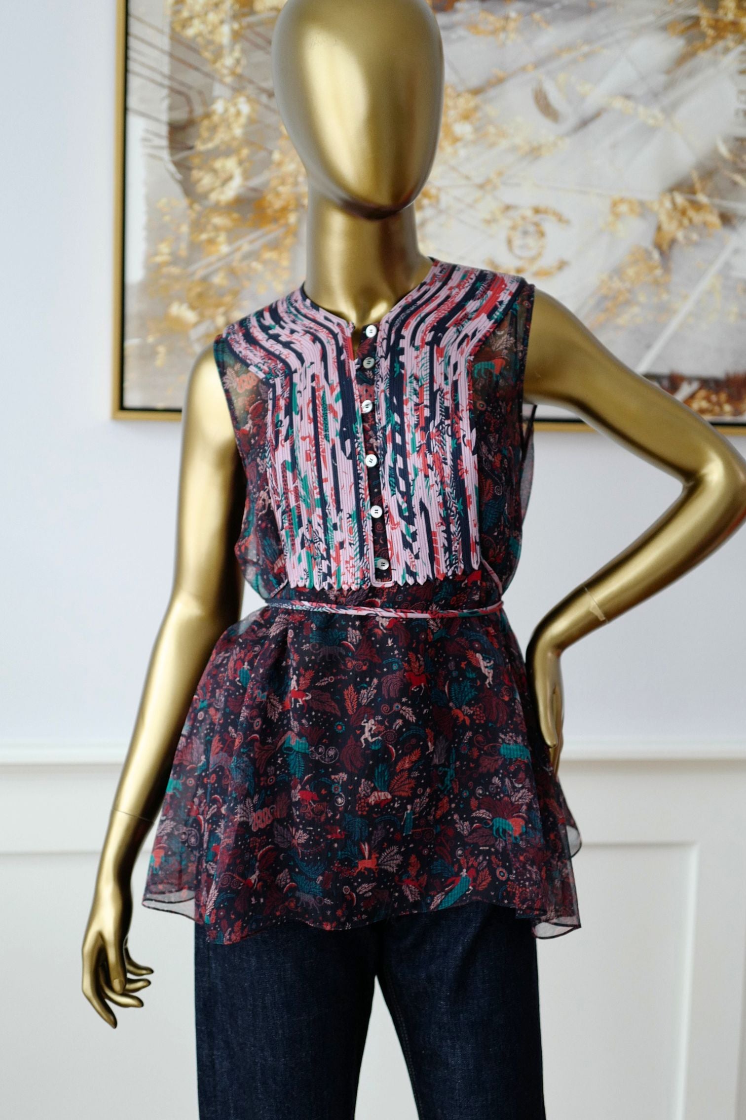 Hermes Silk Blouse Ennobli A Plastron Ox Bleu Marin Sleeveless 36 NEW Two Pcs