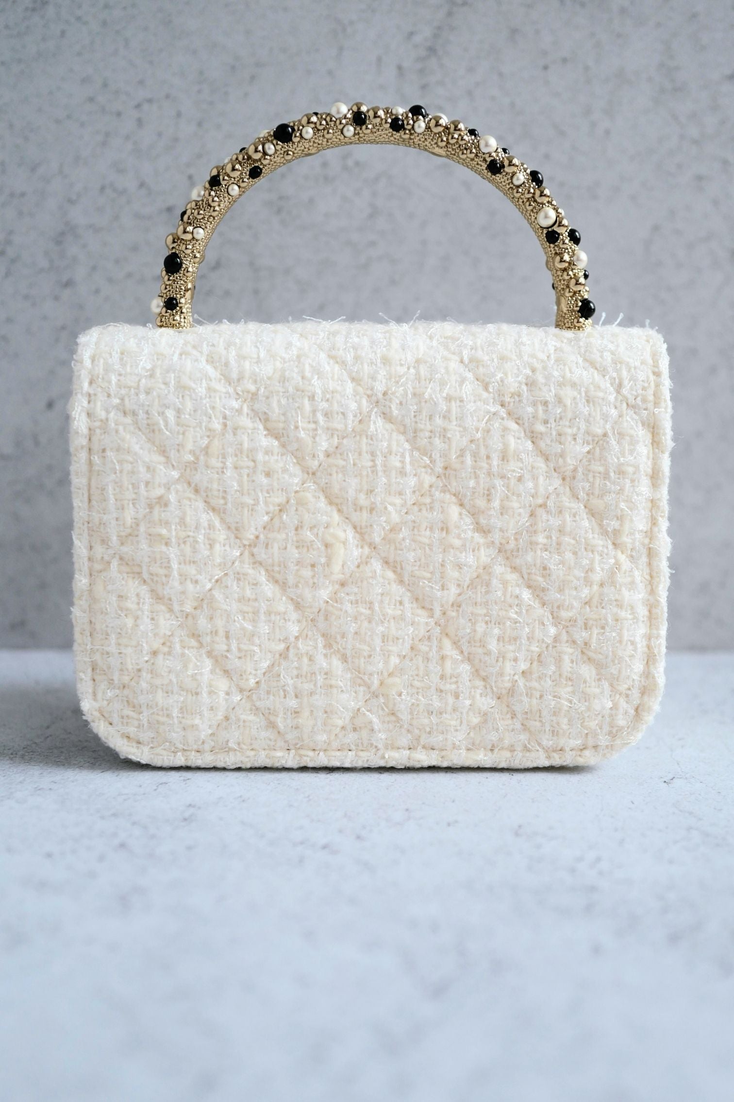 CHANEL 26C Top Handle Clutch With Chain in Tweed Pearl Ecru White Gold Hardware