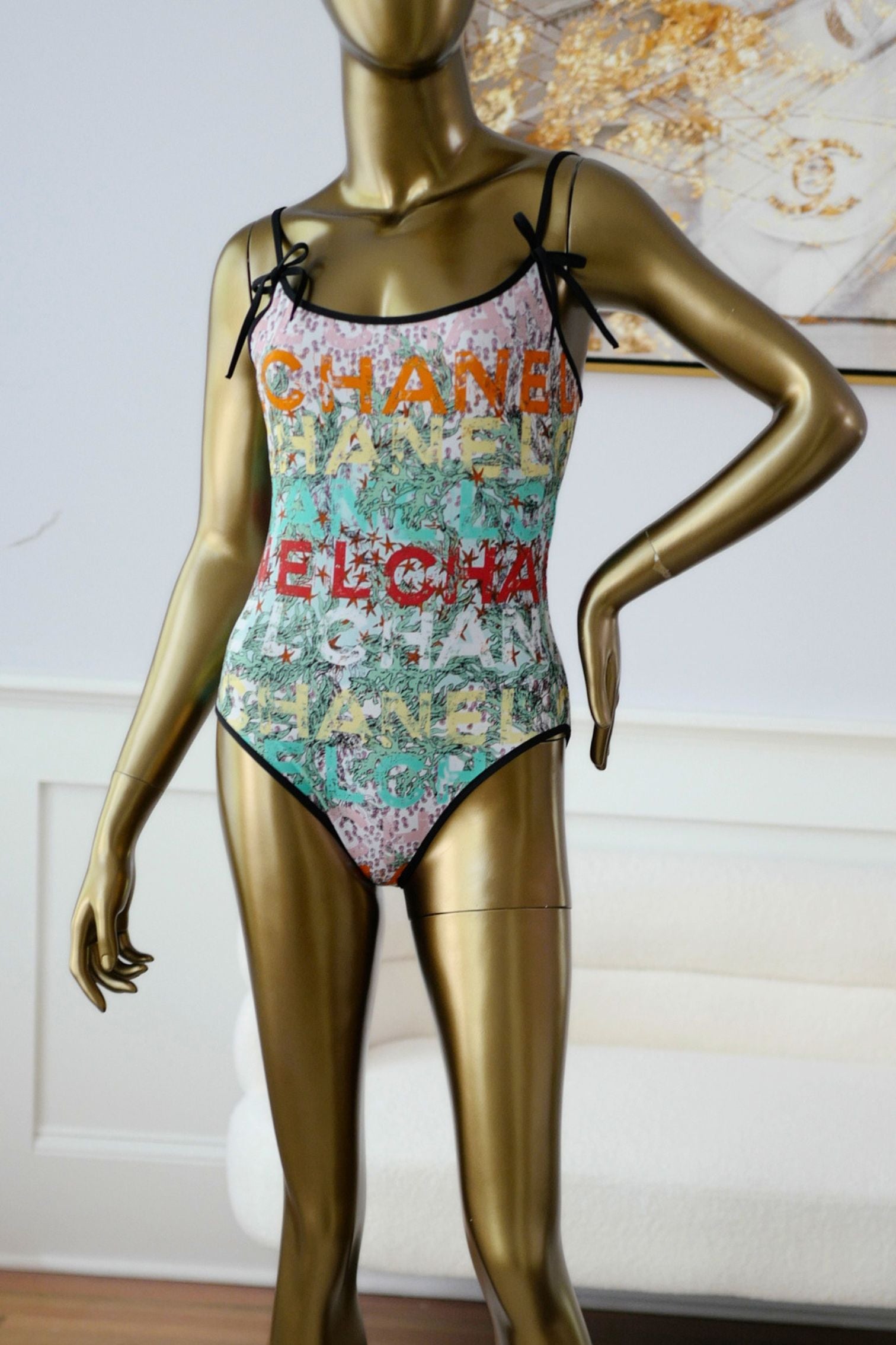 Chanel 26M Coco Beach Swimsuit Multicolor Stretch Jersey Size 38
