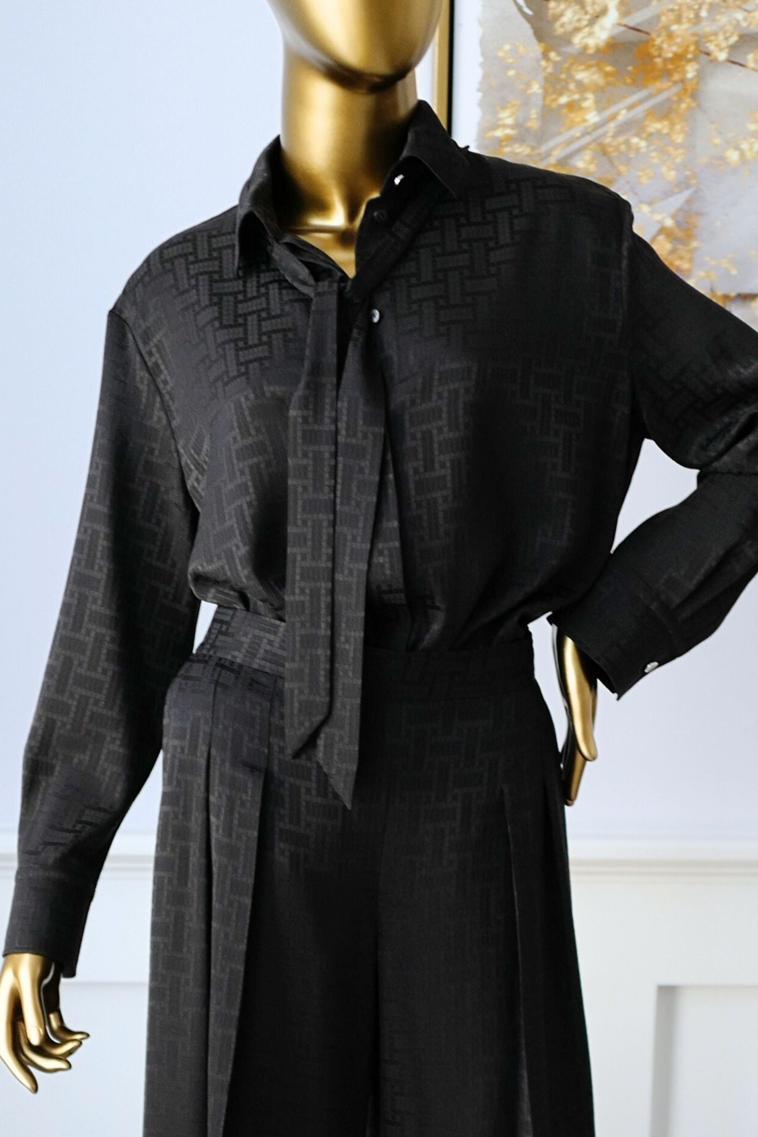 NEW Hermès Mosaïque Silk Jacquard Lavallière Black Masculine Shirt Size 36
