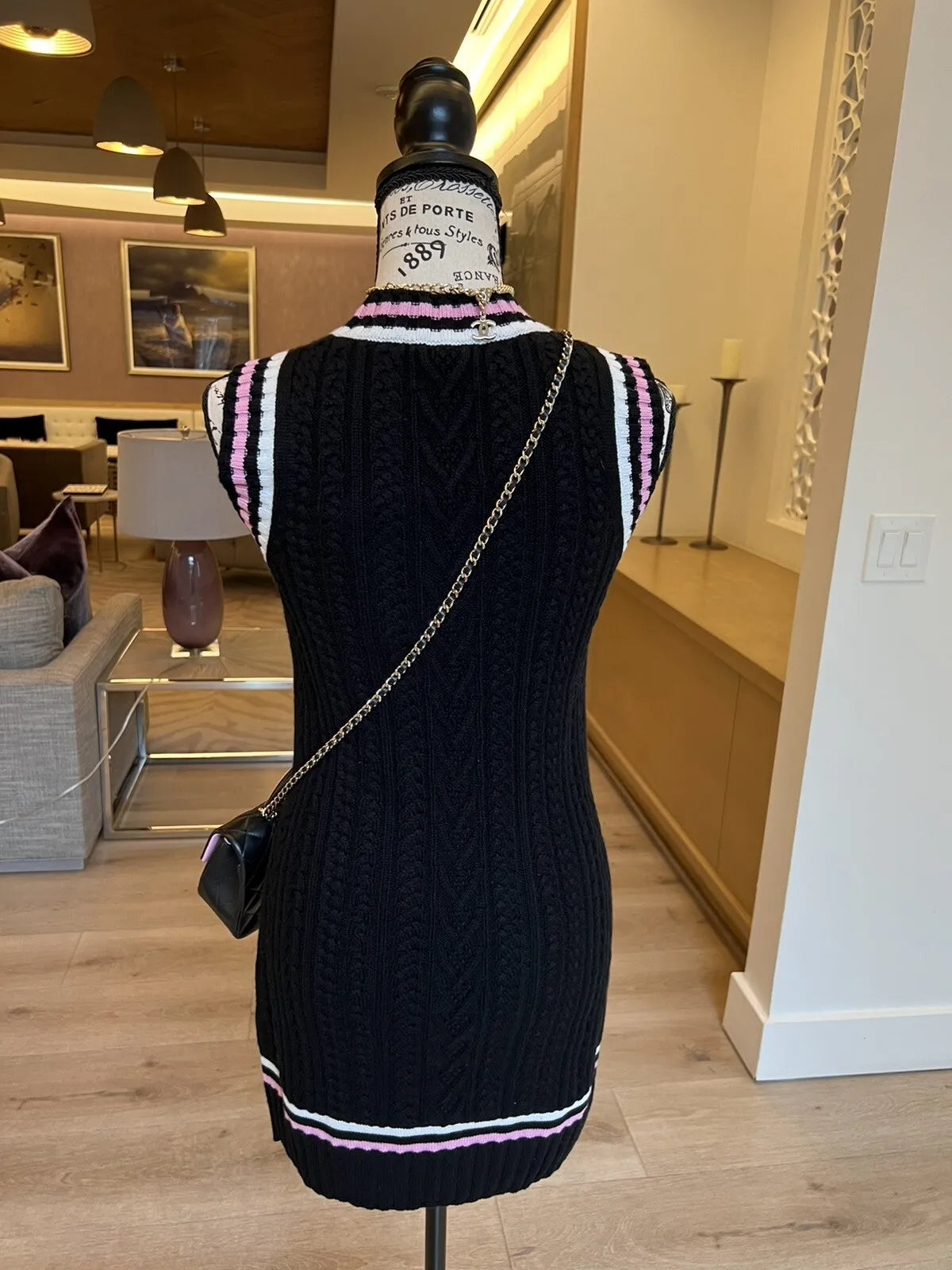 Chanel 23P RTW Tennis Knit Dress in Black, Pink and Ecru Strip Details 36