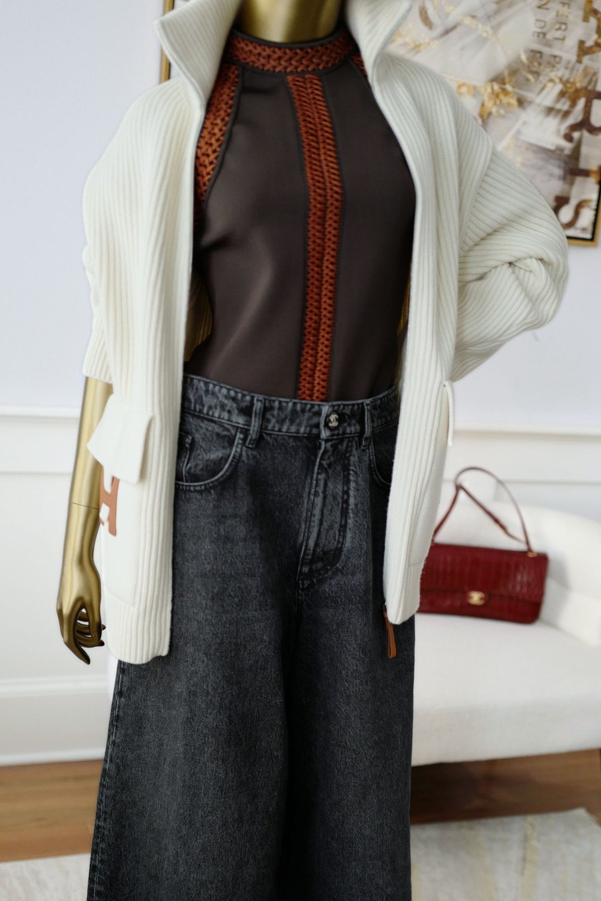 NEW Hermes Blouson Cardigan Blanc Naturel Wool Knit H Leather Pocket Size 34