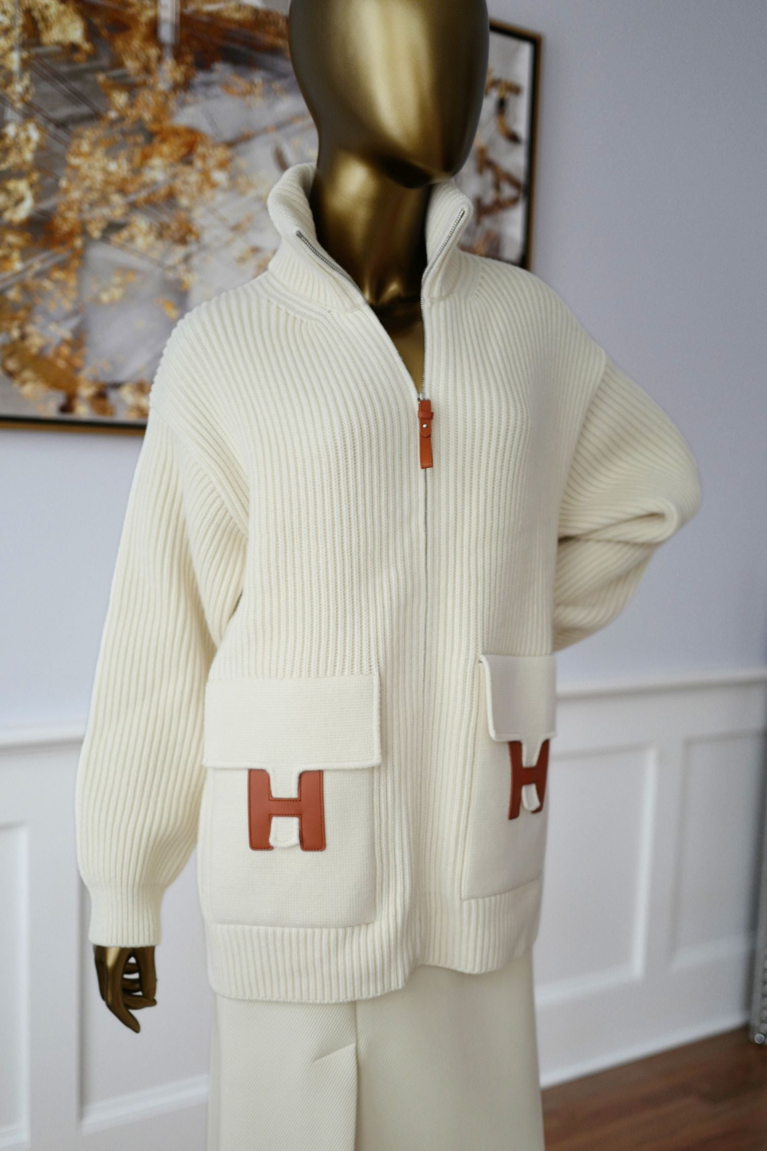 Hermès Blouson Cardigan Blanc Naturel Wool Knit Size 34