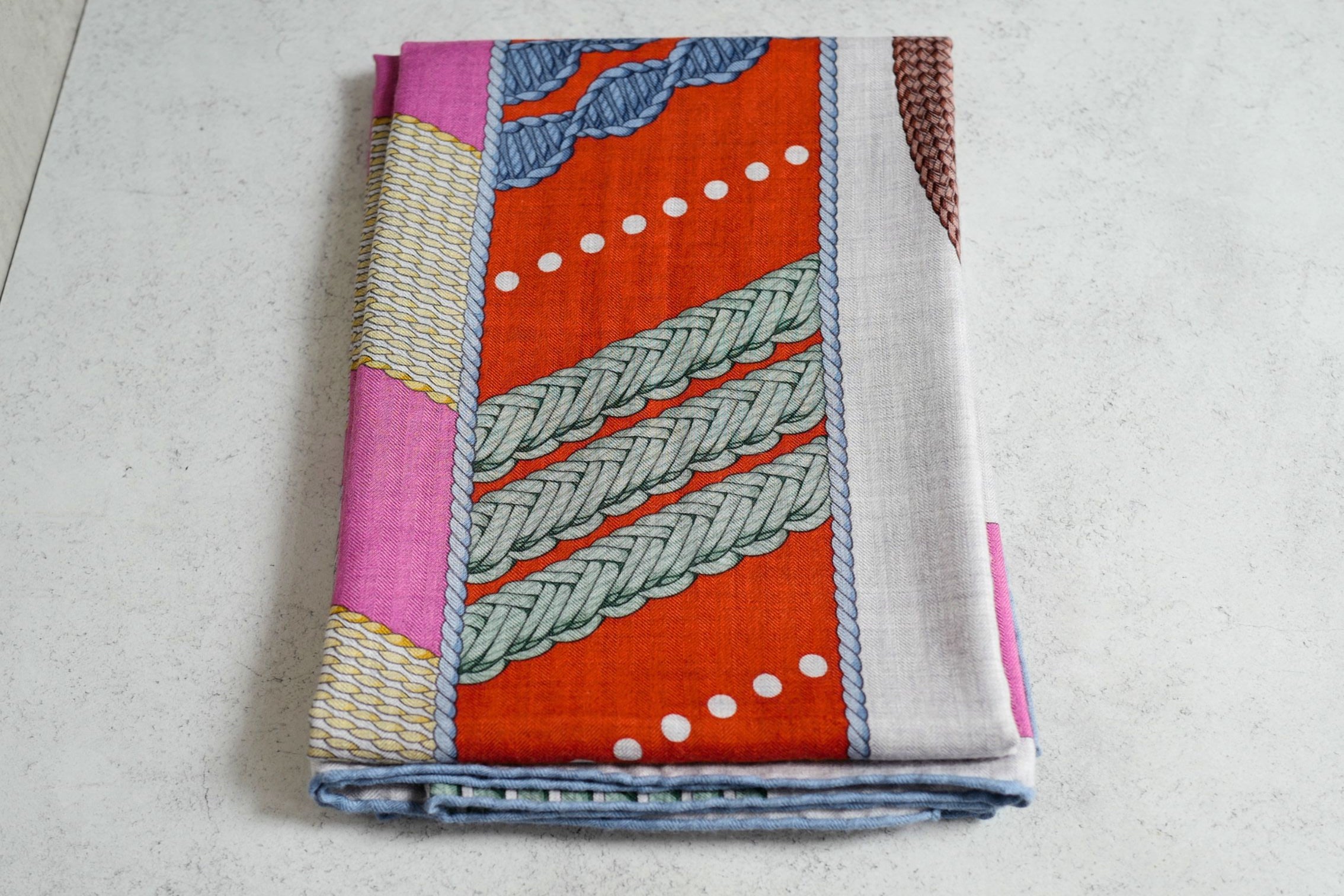 Hermès Dressage Tressage Shawl 140 Bleu Ciel/Rose Rouge Cashmere Silk