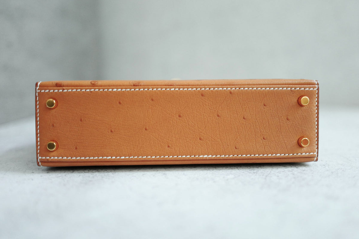 BNIB Hermes Mini Kelly HSS Cognac Ostrich with Craie Stitching GHW G Stamp 2026