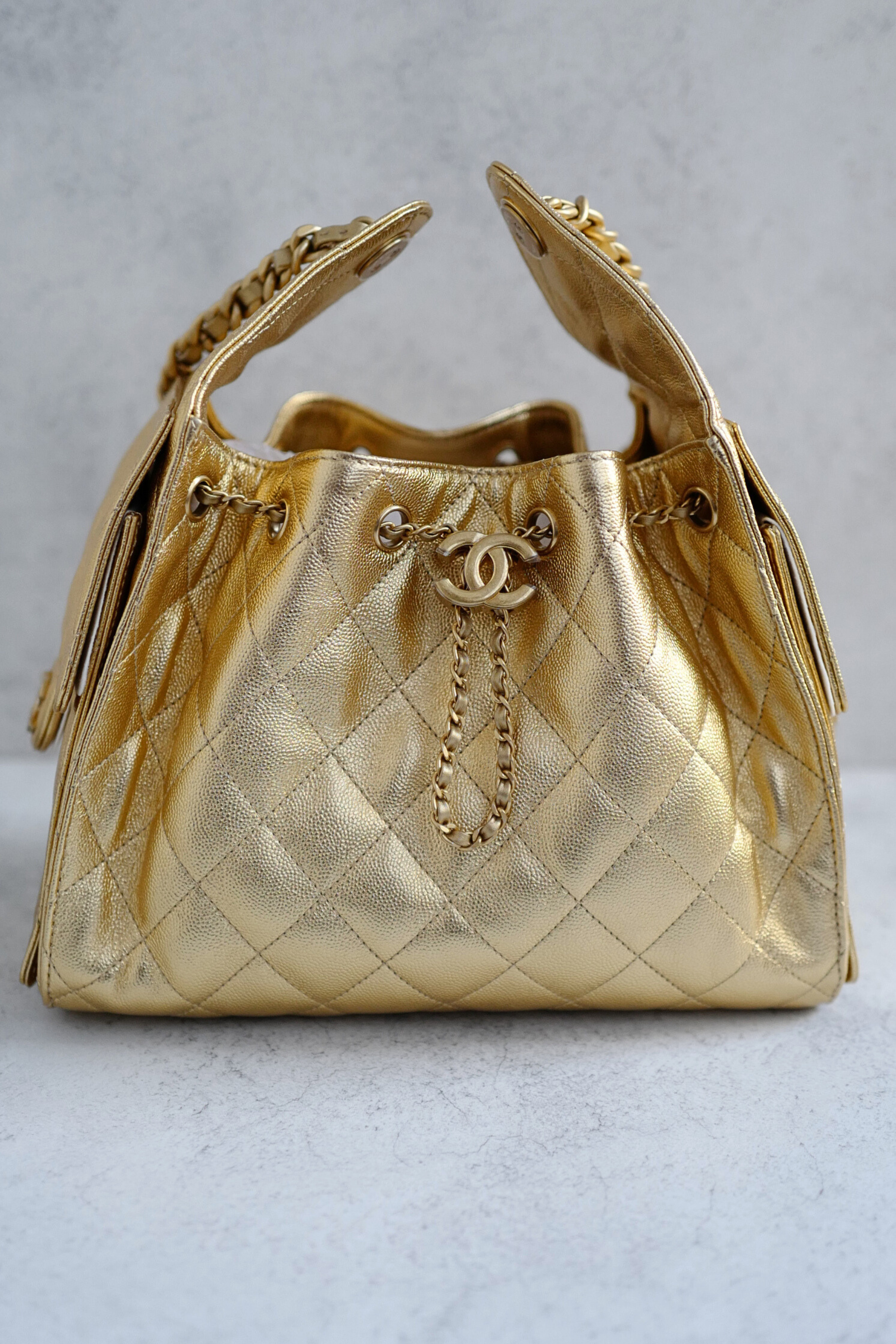 BNIB Chanel 26C Small Hobo Gold Metallic Grained Calfskin with Gold Hardware