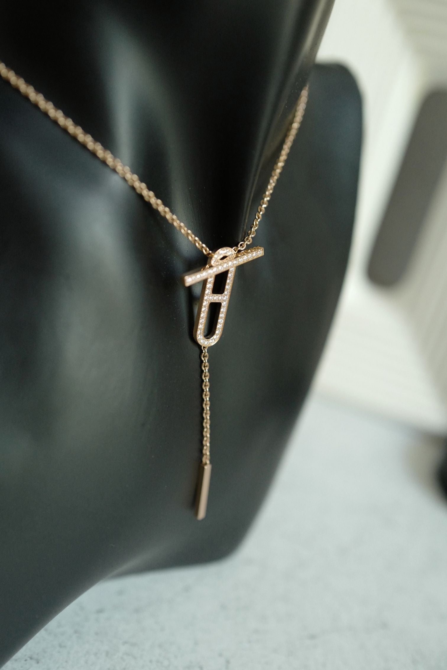 NEW Hermes Ever Chaine d'ancre Lariat Necklace Rose Gold 54 Diamonds