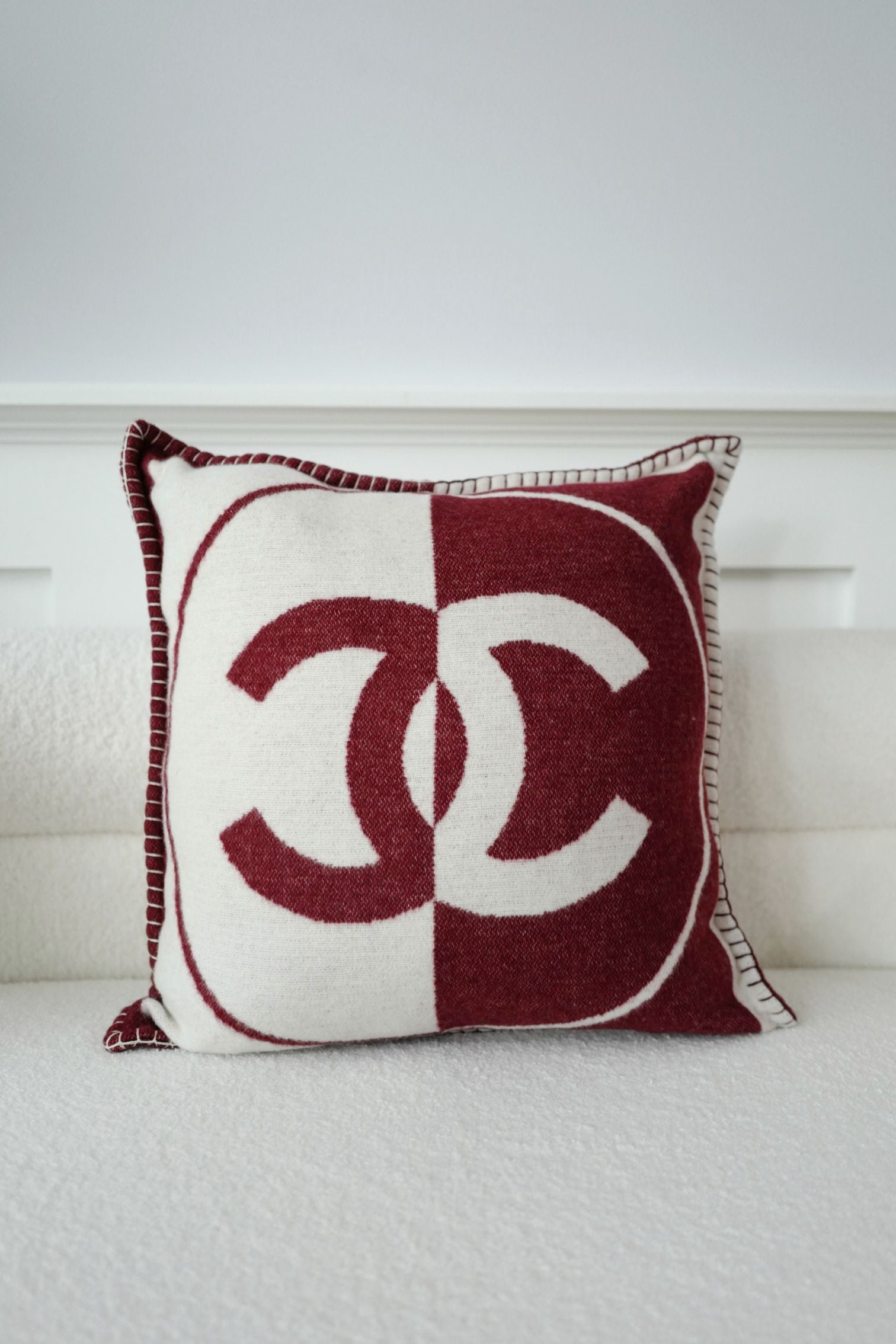 NEW Chanel CC Logo Pillow Burgundy White Wool Cashmere