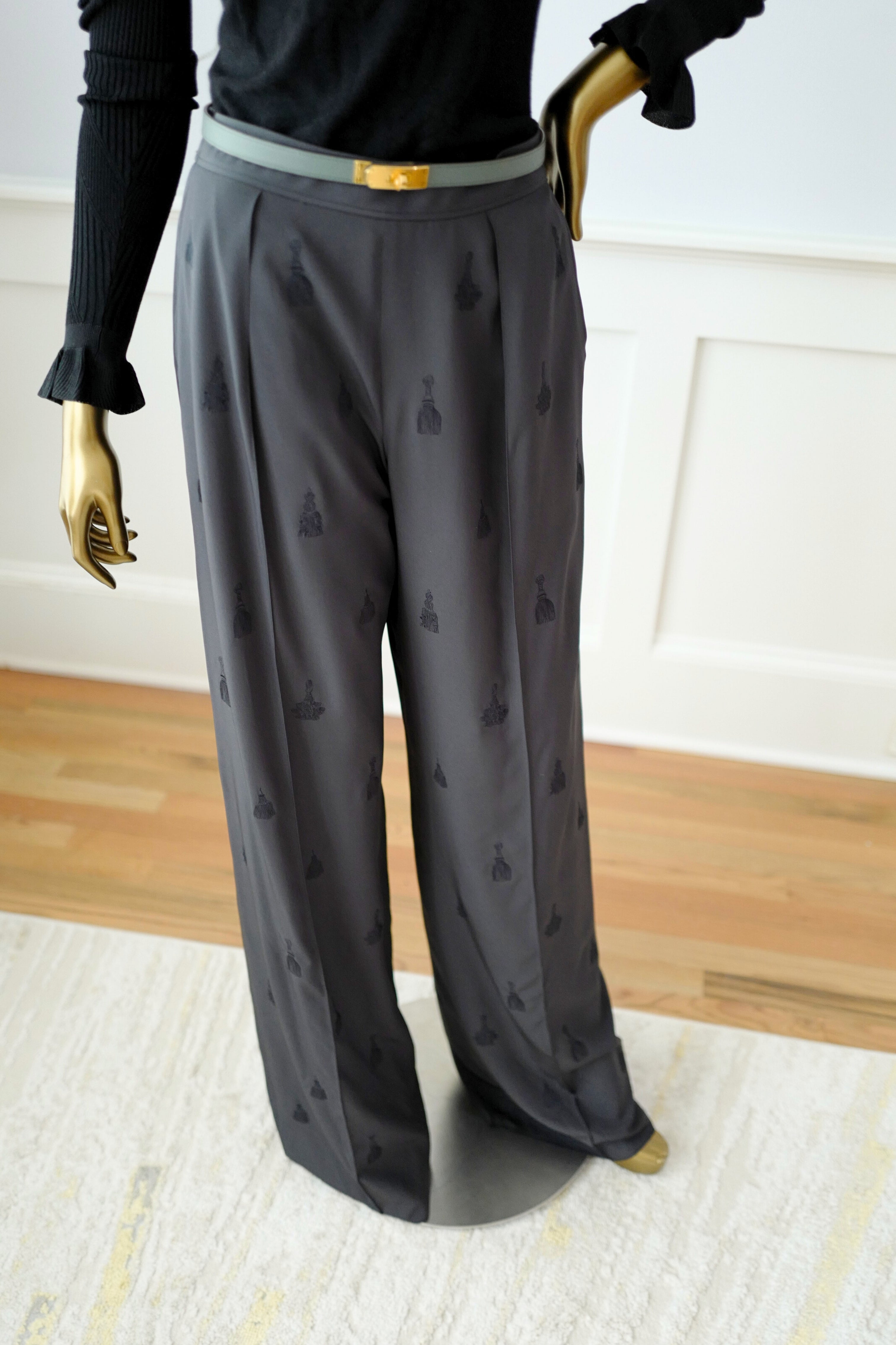 NEW Hermès Women’s Pajama Pants Embroidered Silk Canvas Gris Charbon Size 36