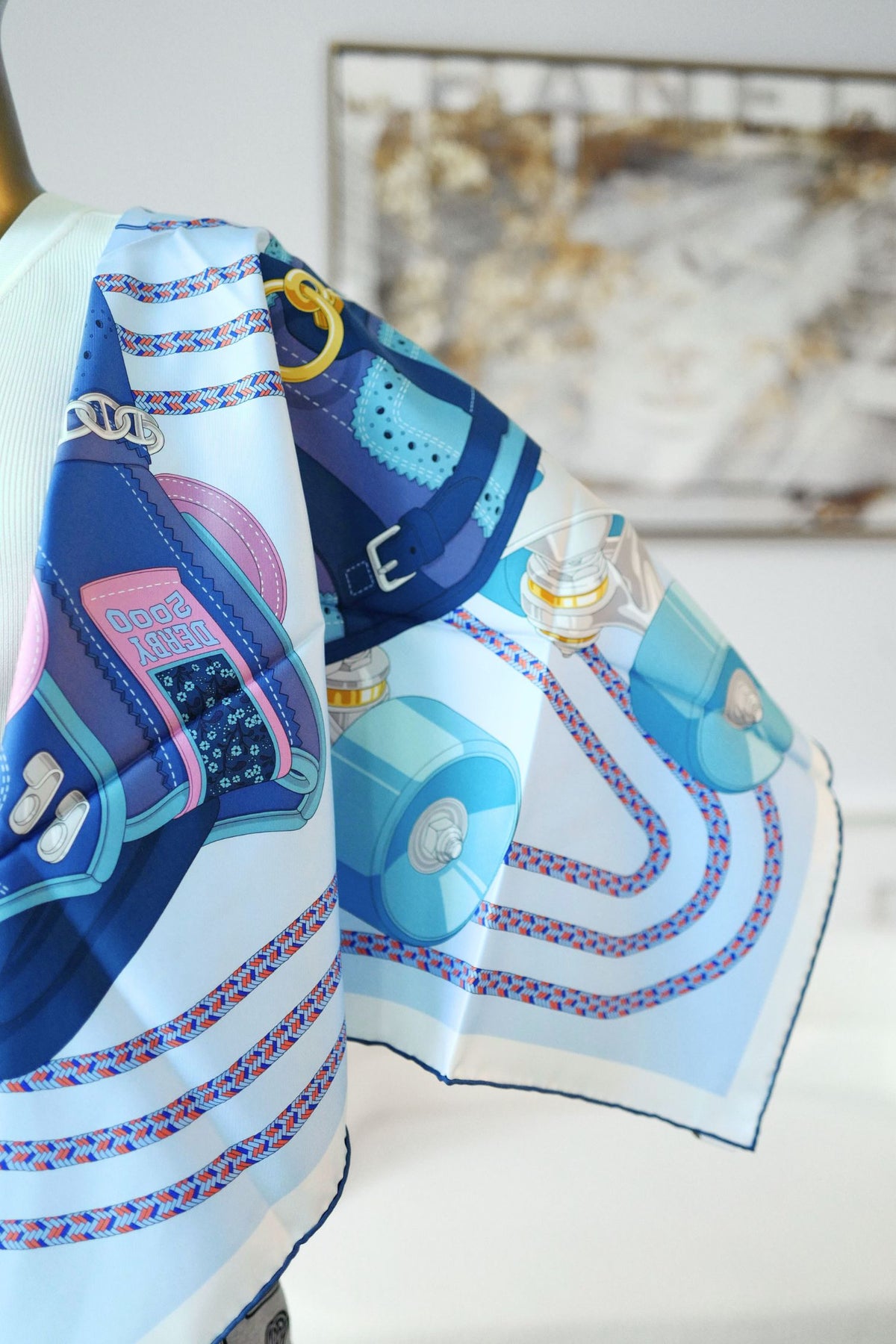 Hermes Derby 2000 Scarf 90 Bleu Ciel / Marine / Vieux Rose 100% Silk