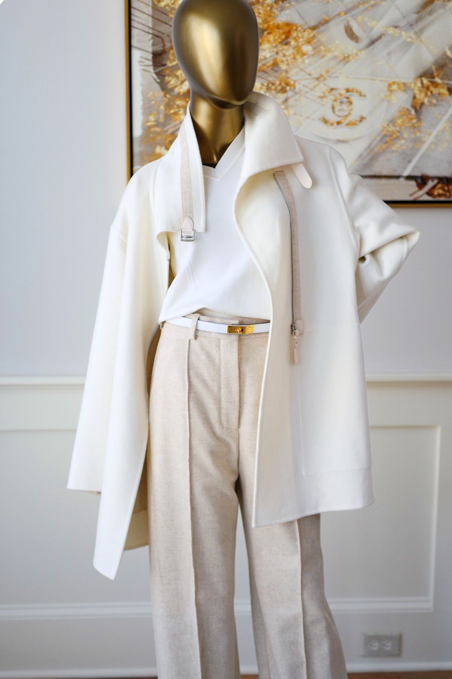 Hermès Double-Face Cashmere Coat with Felt & Leather Details in Natural White Size 34