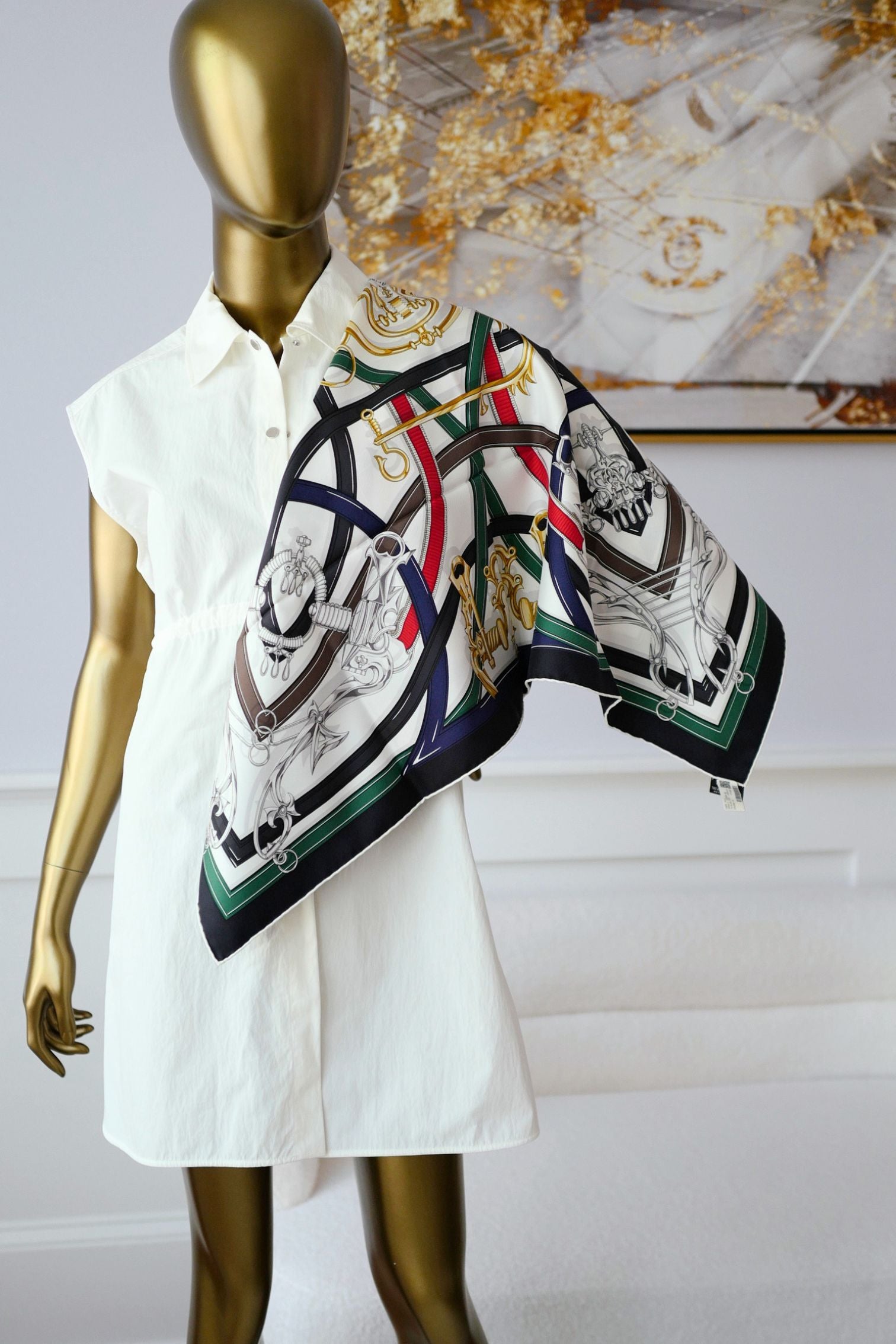 Hermès Harnais Legendaire Scarf Blanc/Vert Loden/Rouge Silk Twill 90