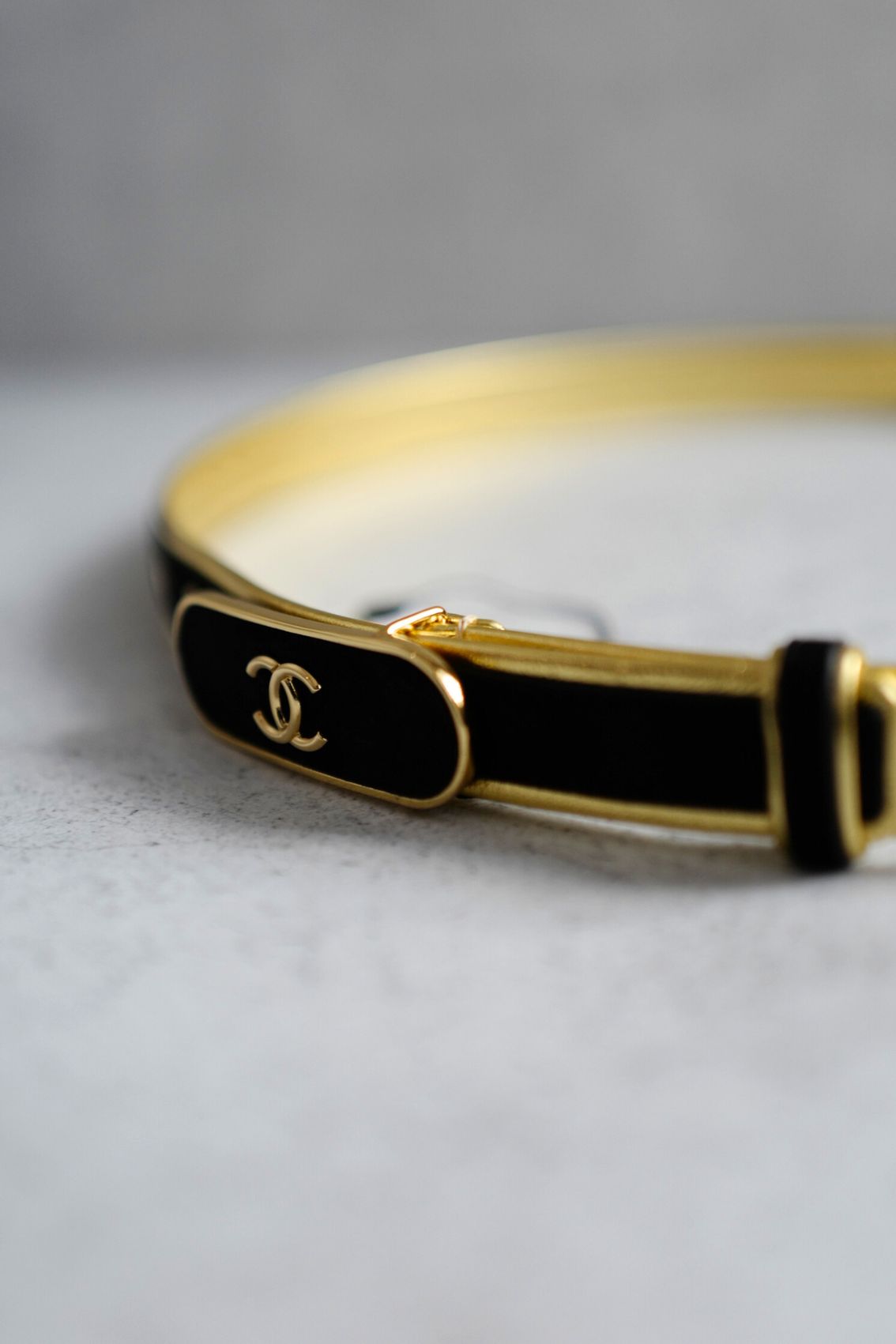 Chanel 24S Womens Leather Belt in Goatskin, Lambskin & Metal Black & Gold 80
