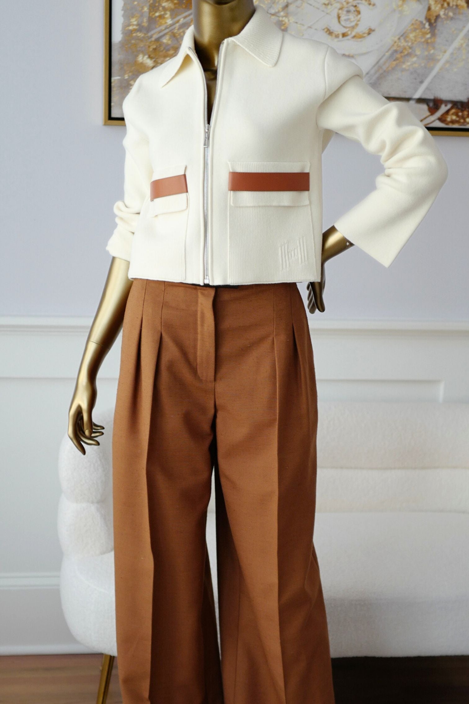 Hermès Woman Outdoor Jacket with Pockets Blanc Naturel Compact Knit Size 34