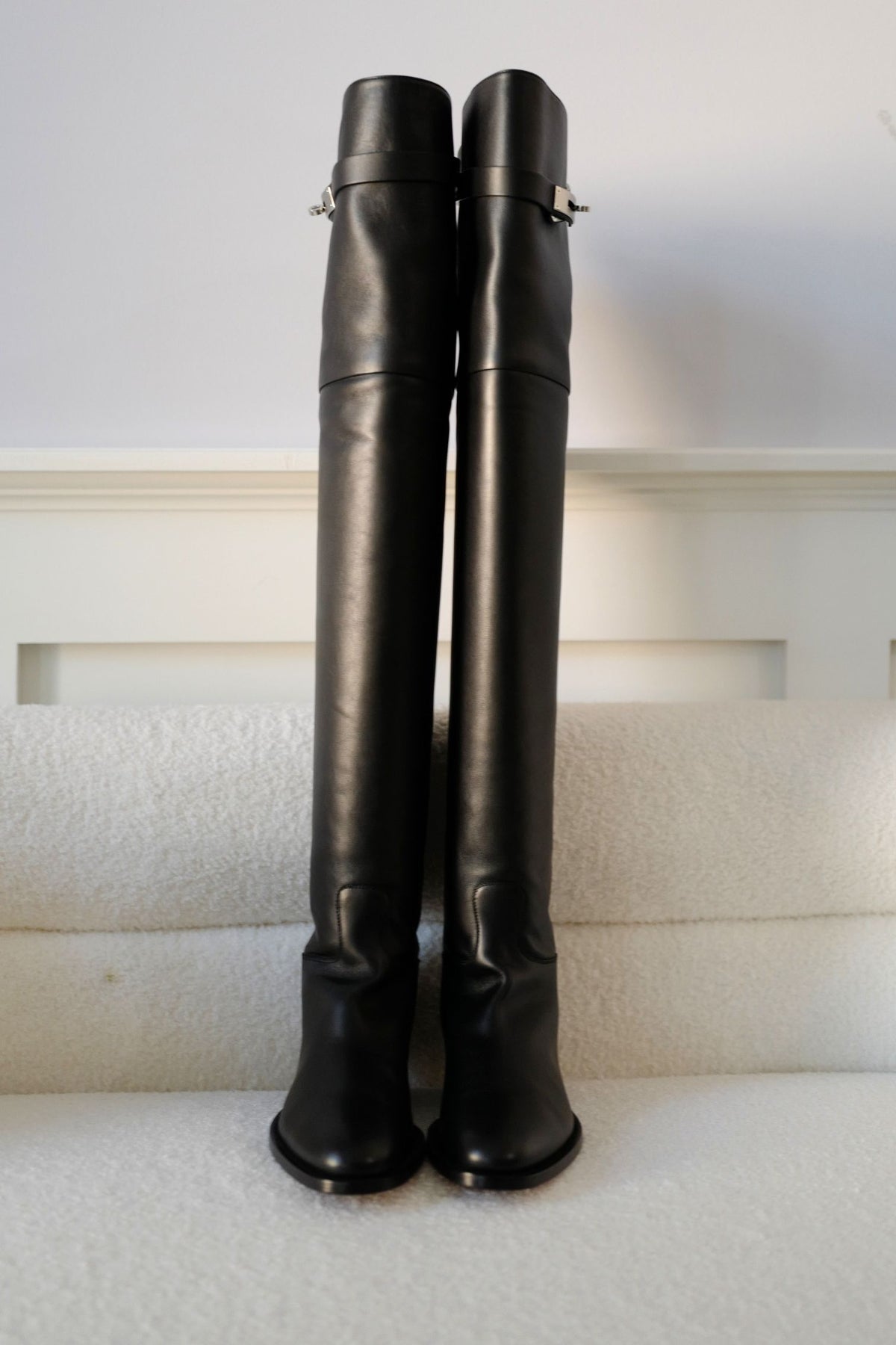Hermes Thigh High Boots Noir Calfskin Palladium Kelly Buckle Size 38
