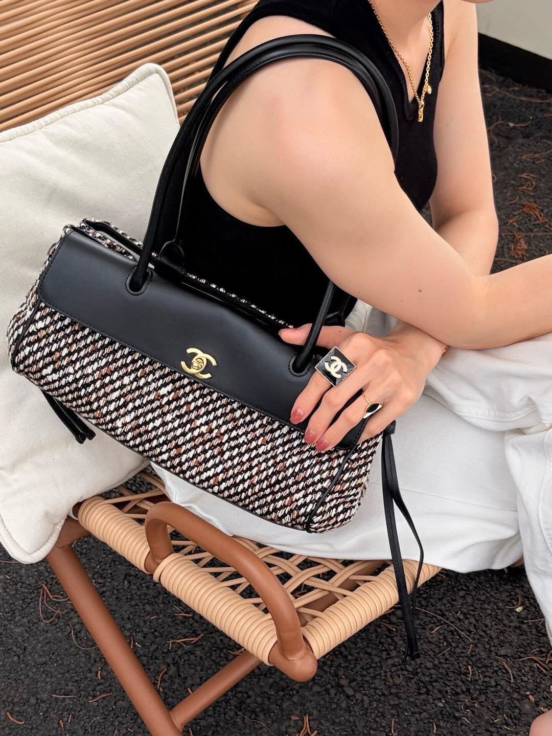 Chanel 26S Small Shopping Bag Matthieu Blazy Black Ecru Wool Gold Hardware