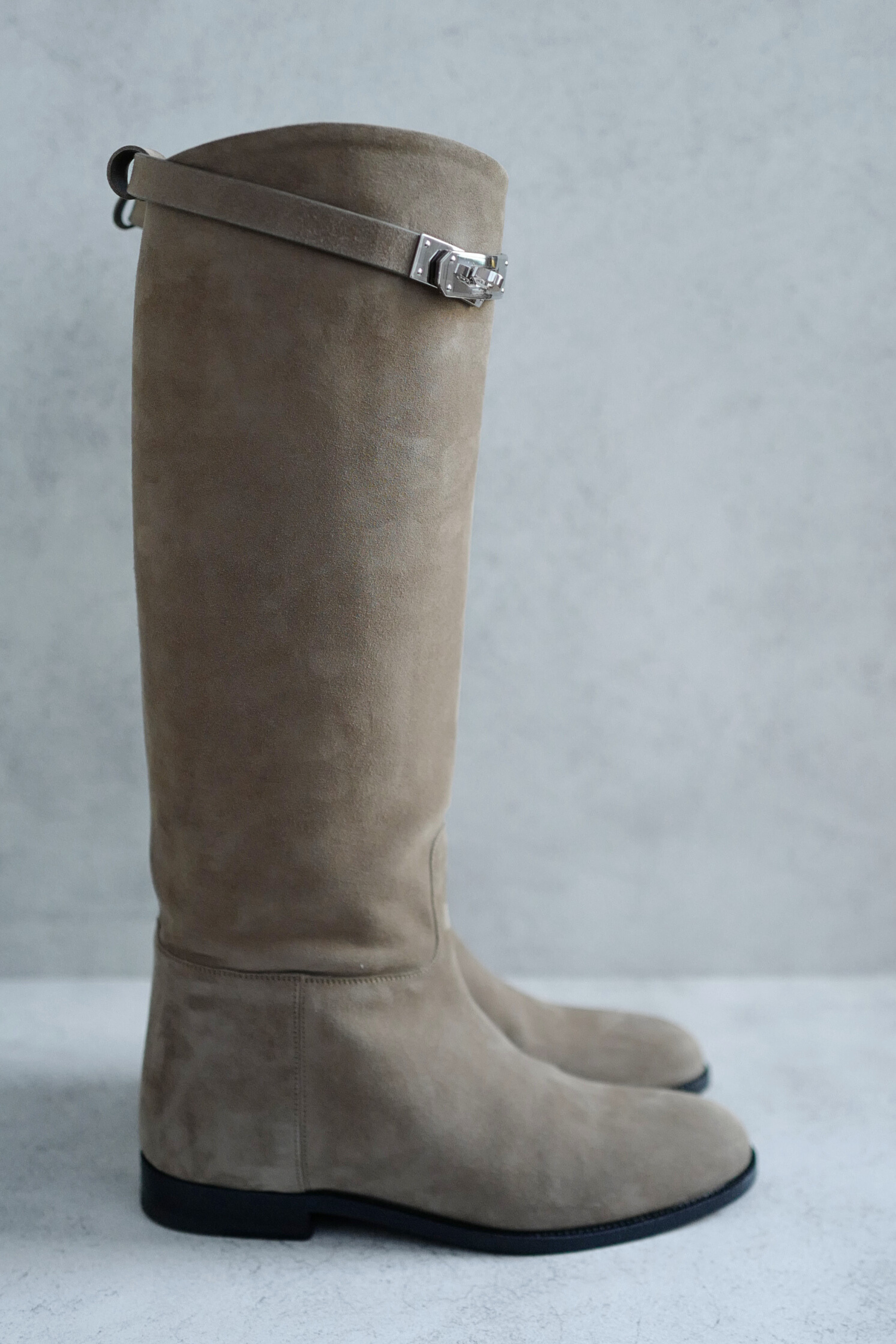 Hermès Jumping Supple Suede Goatskin Boots Étoupe with Palladium Hardware Size 38