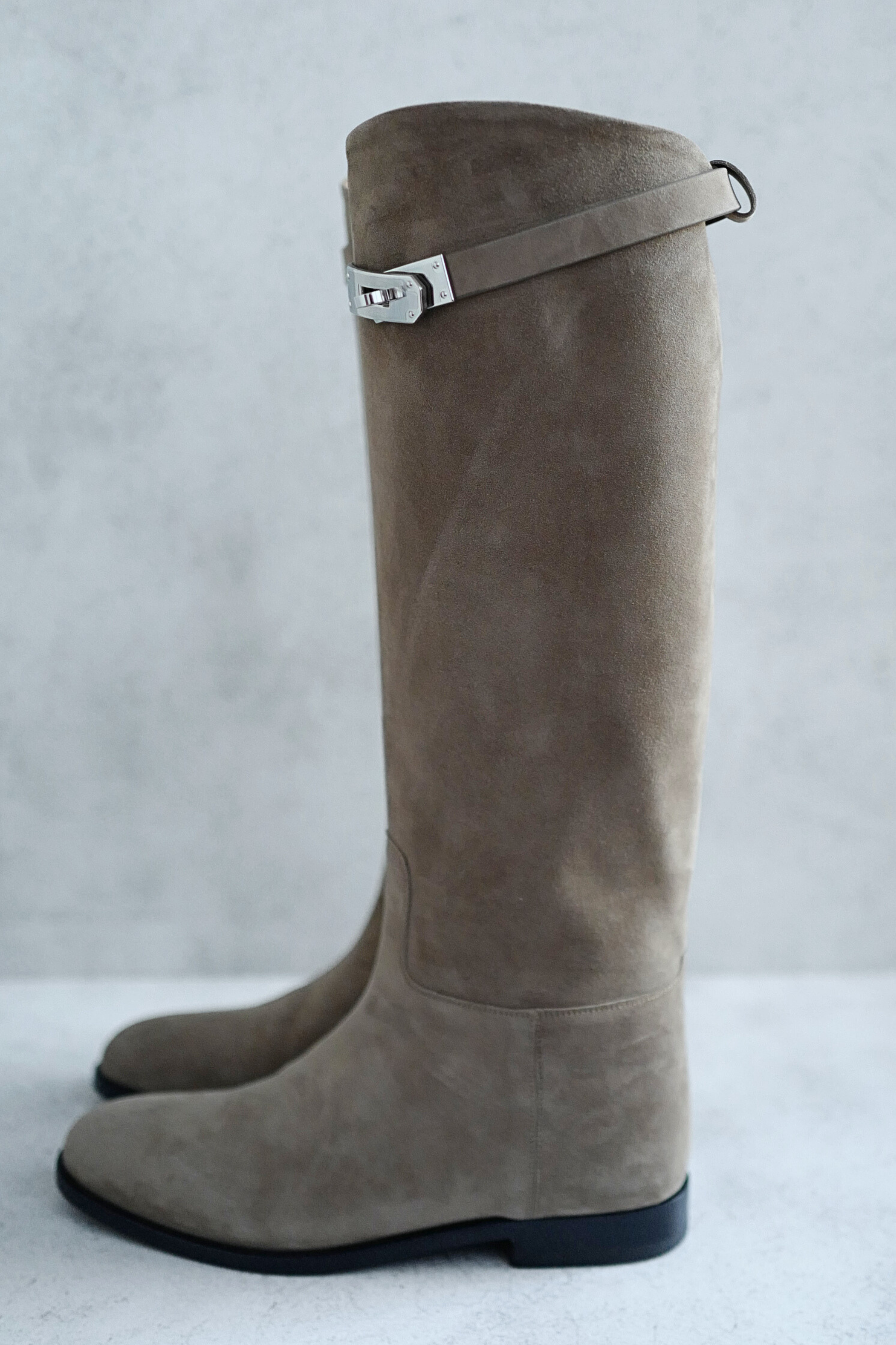 Hermès Jumping Supple Suede Goatskin Boots Étoupe with Palladium Hardware Size 38