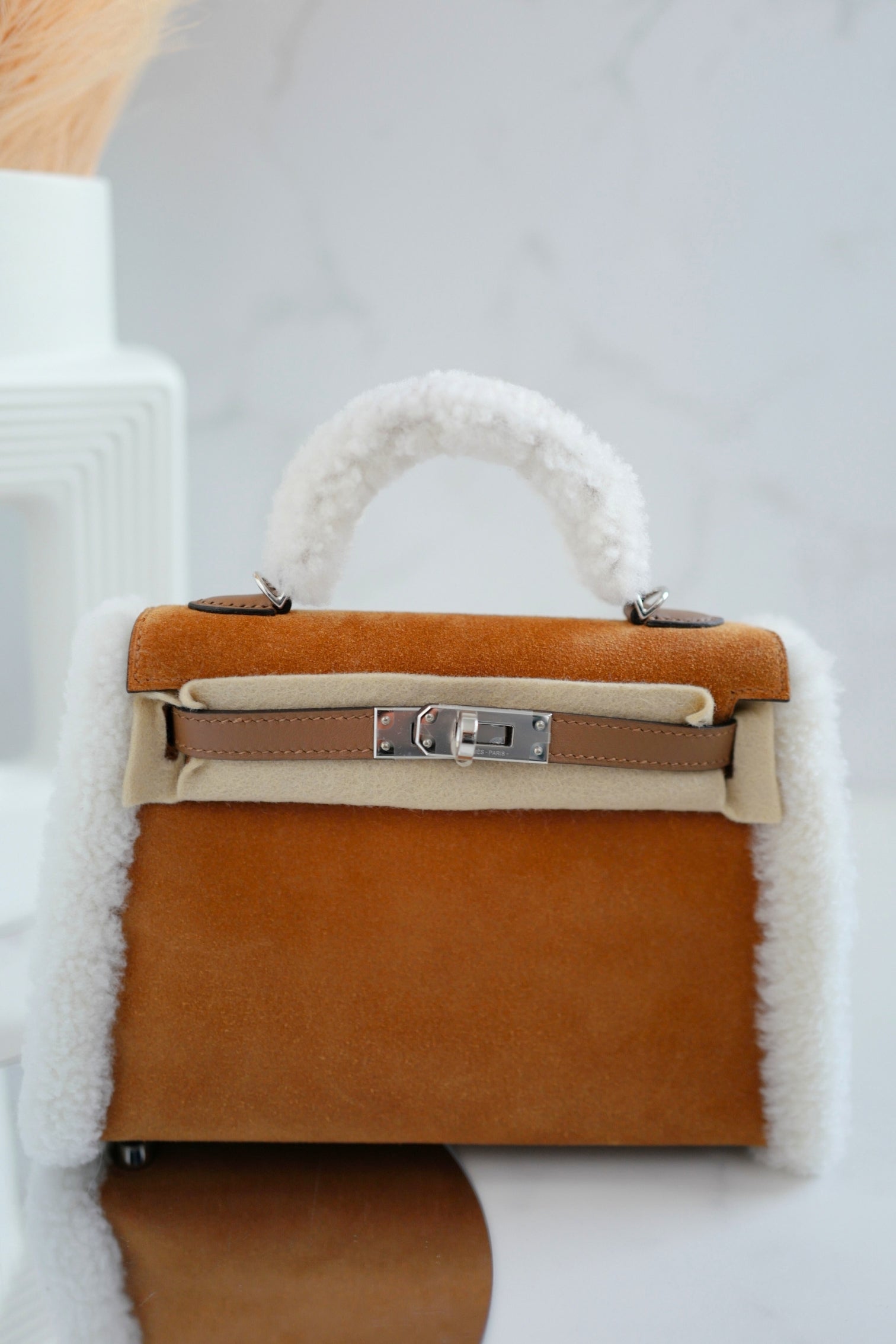 BNIB Hermès Mini Kelly Teddy Gold/Ecru/Alezan Shearling Suede Palladium Hardware