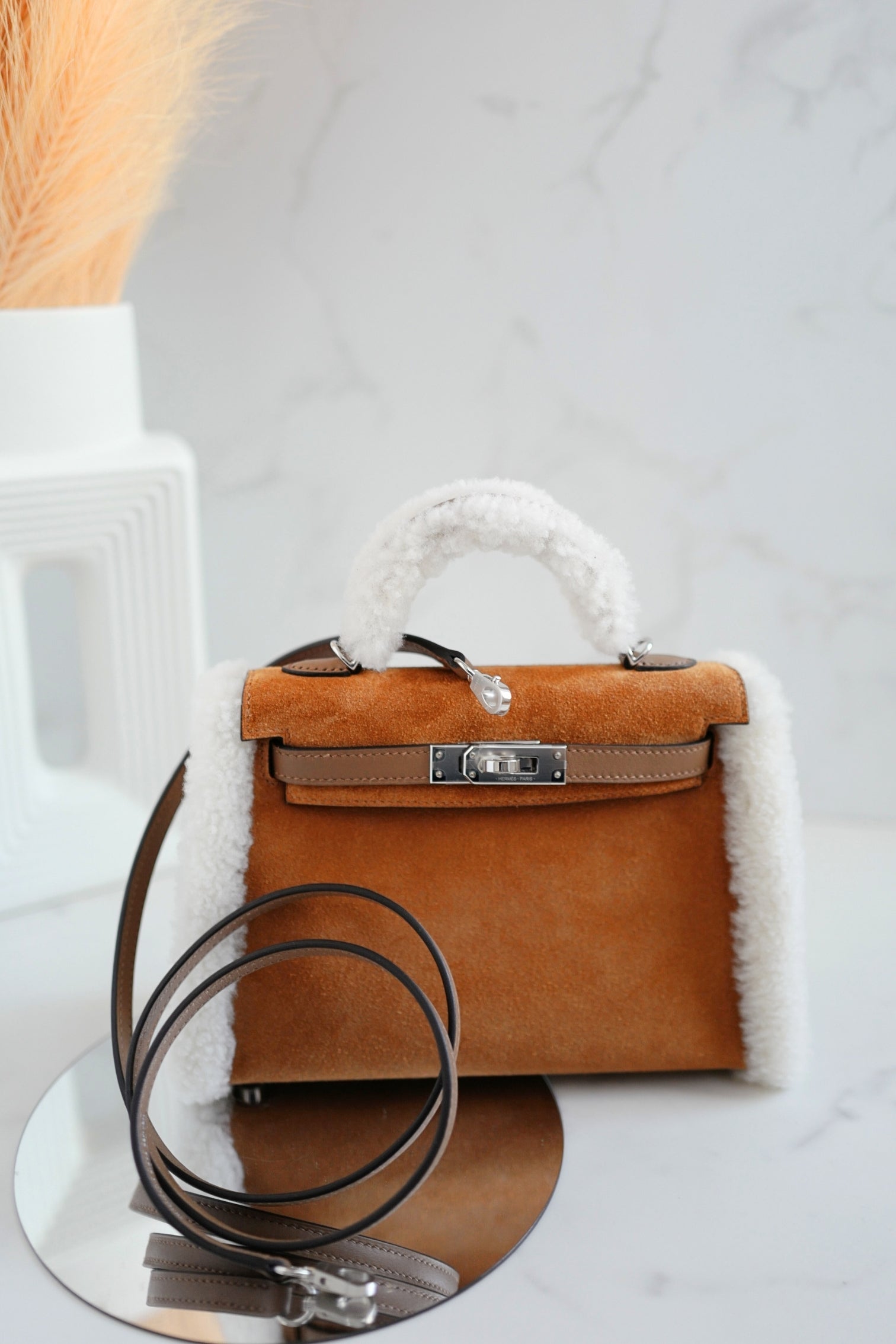 BNIB Hermès Mini Kelly Teddy Gold/Ecru/Alezan Shearling Suede Palladiu