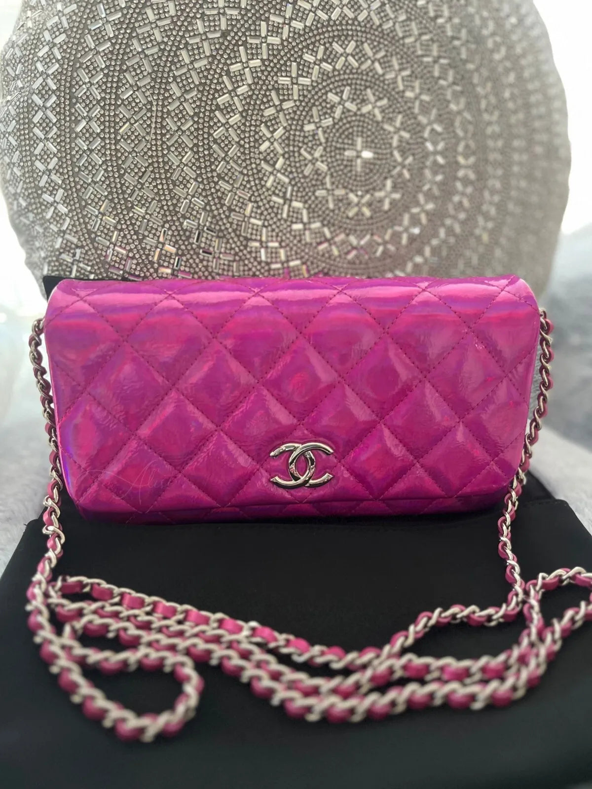 NEW Chanel Wallet on Chain Iridescent Mirror Goatskin Silver Fuchsia Cruise 24C