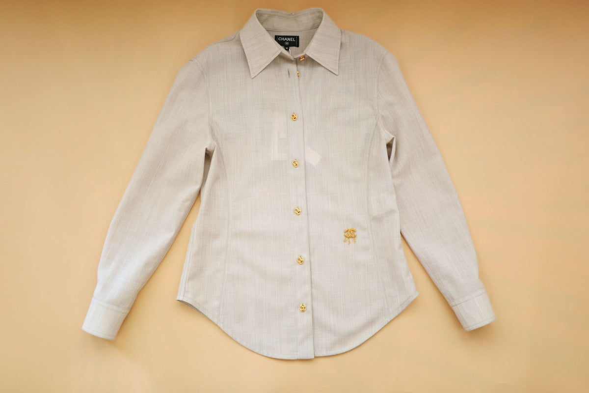 NEW Chanel 26K Women Shirt Wool Tailored Mushroom Beige Size 36