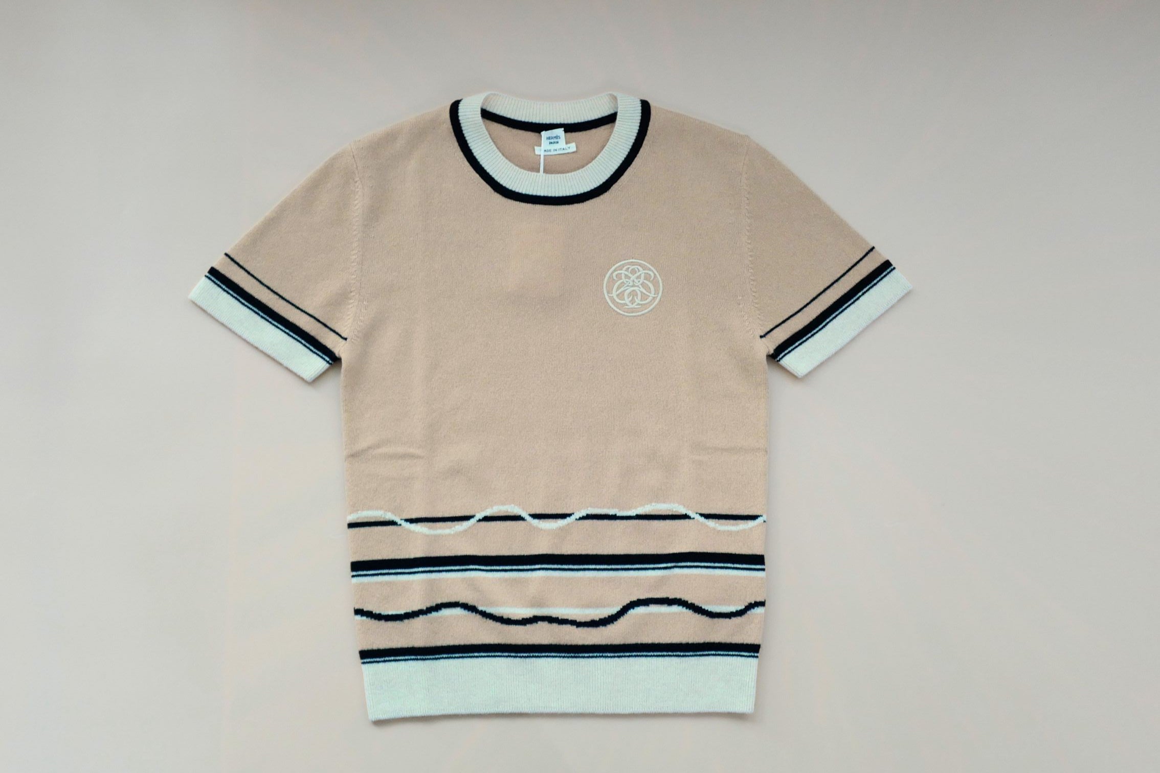 Hermès Sweater Short Sleeved "Ex-Libris" Beige Cajou Cashmere Size 36