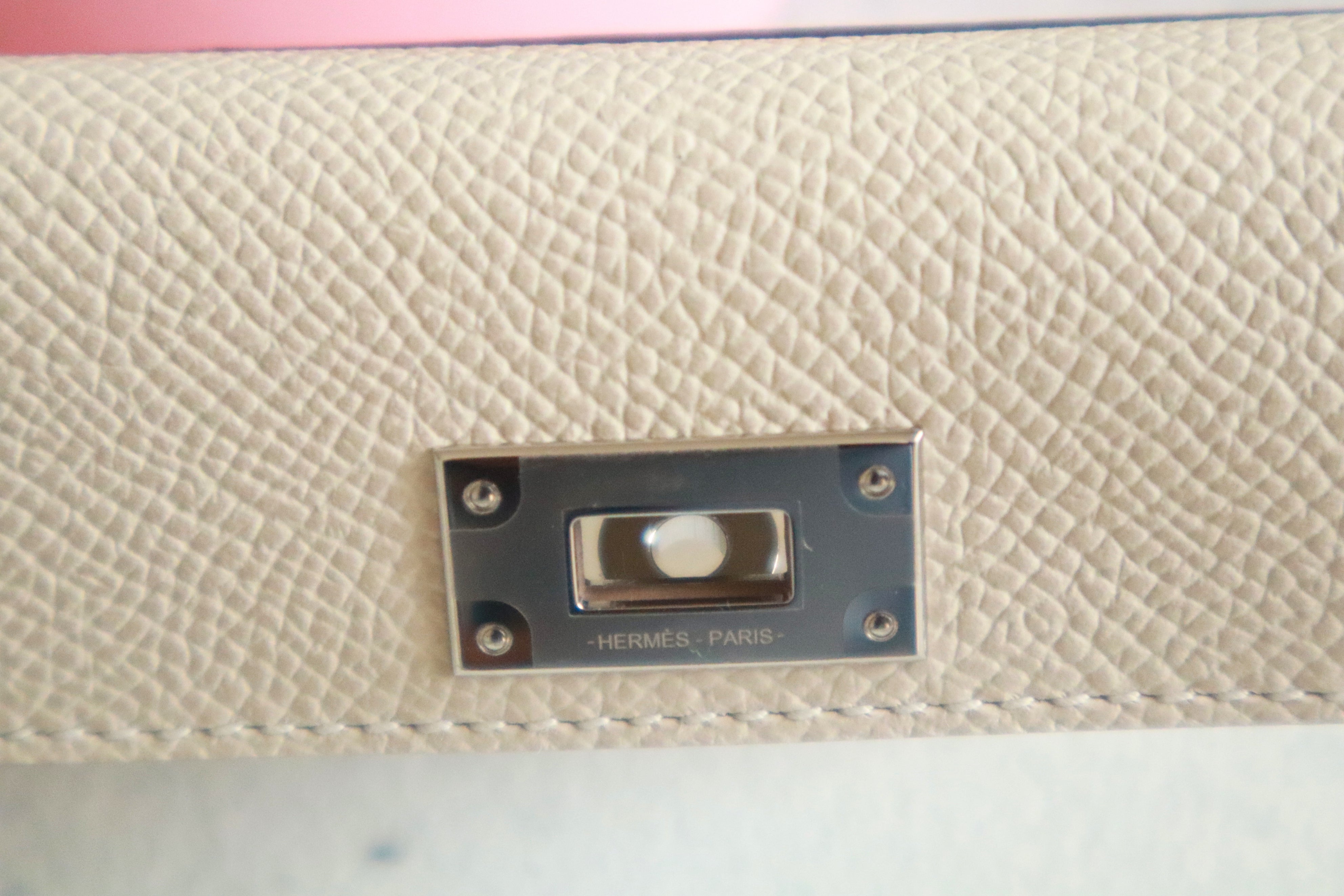 NEW Hermes Kelly Pocket Bag Strap Rose Sakura/Craie Swift Epsom Calfskin 85 cm