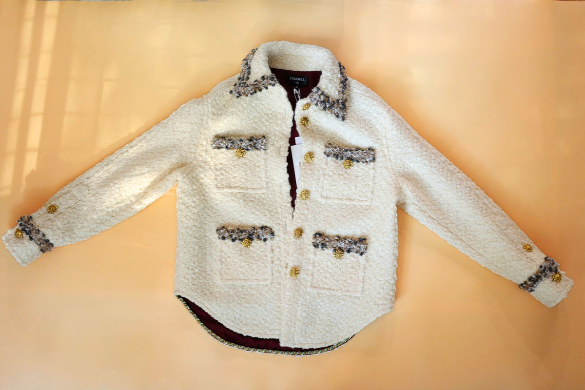 NEW Chanel 26K Oversized Jacket Wool String with Silk Lining Beige Size 36