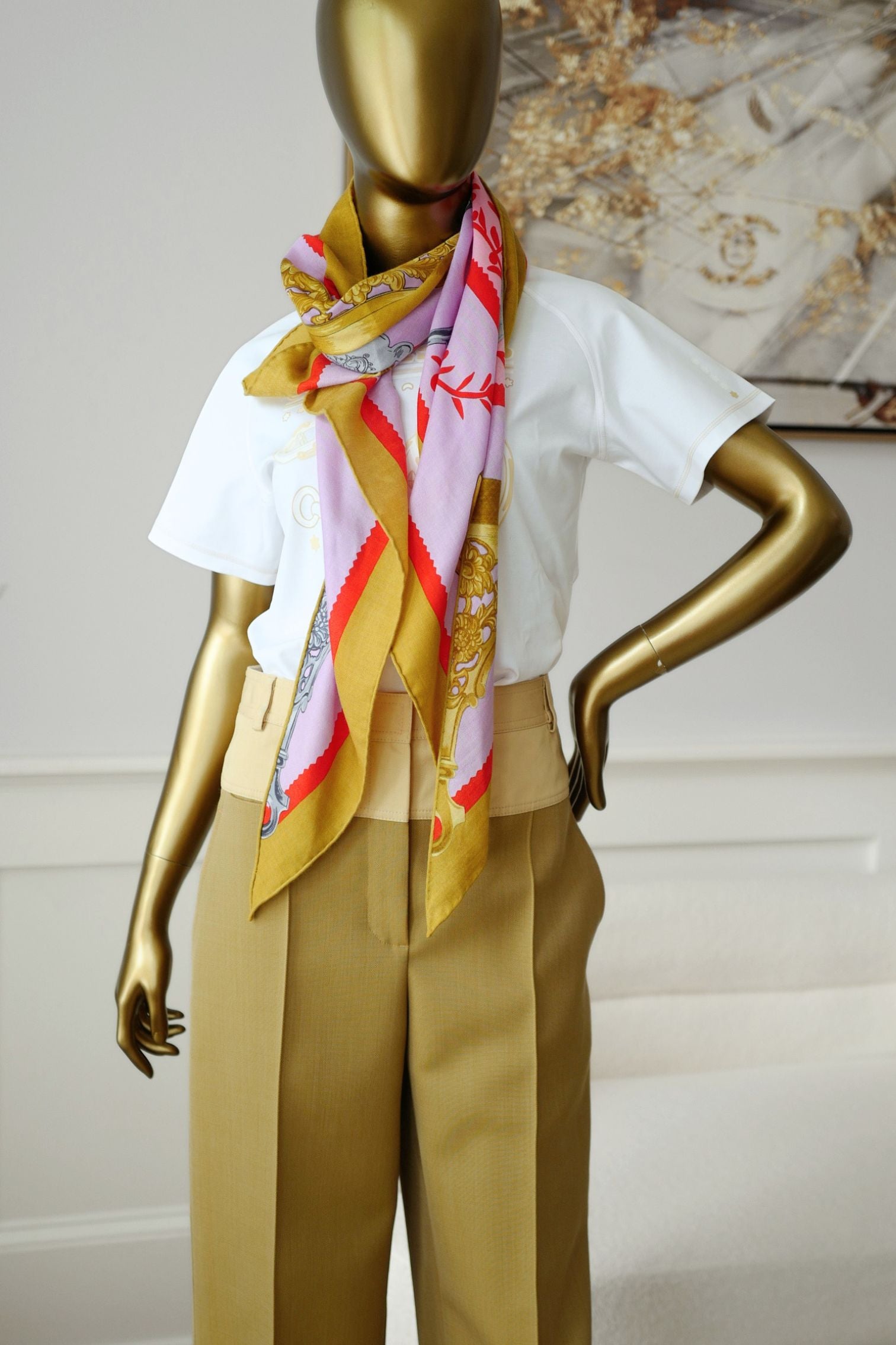 Hermès Etriers Triangle Scarf Pink Multicolor Cashmere Silk