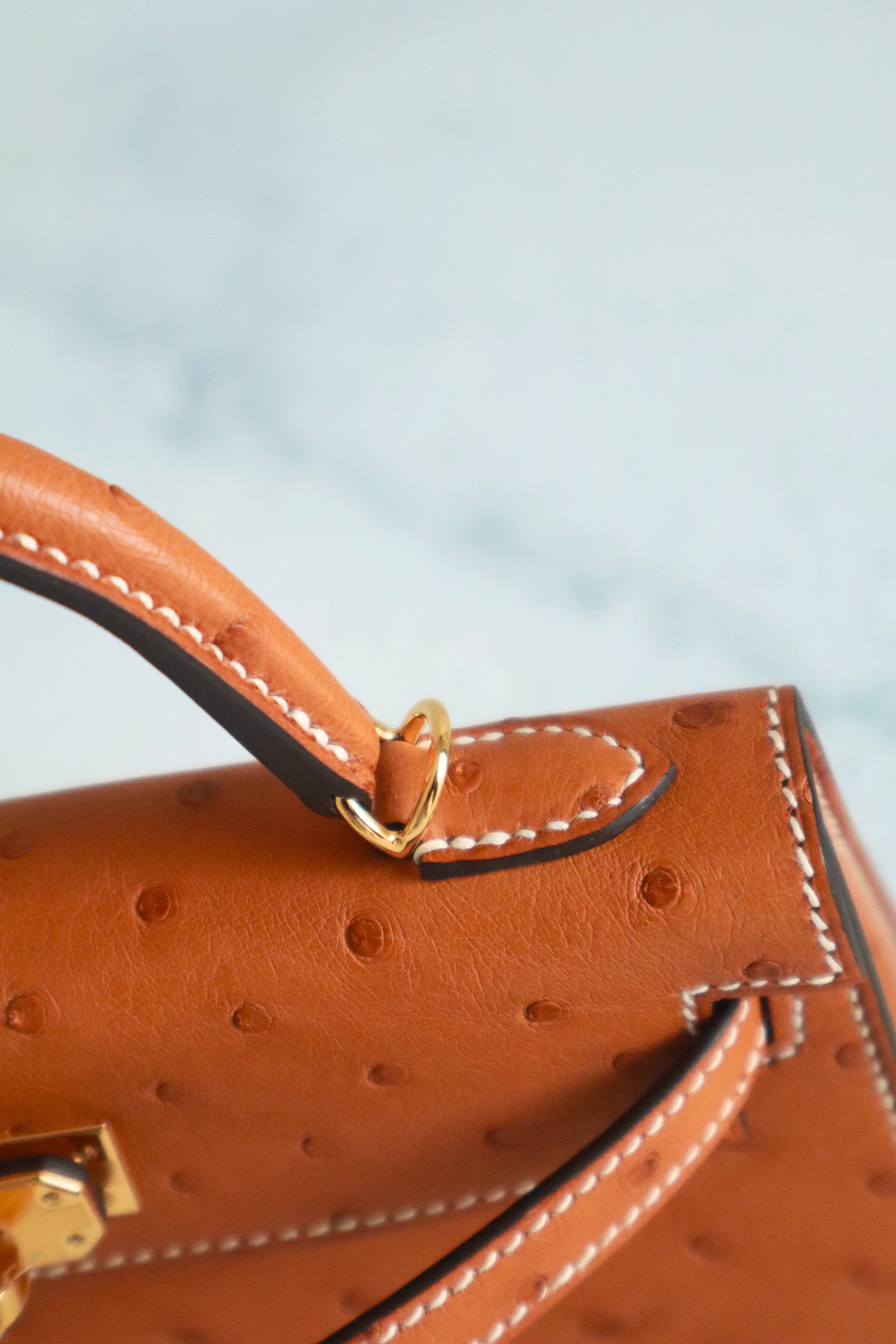 BNIB Hermes Mini Kelly HSS Cognac Ostrich with Craie Stitching GHW G Stamp 2026