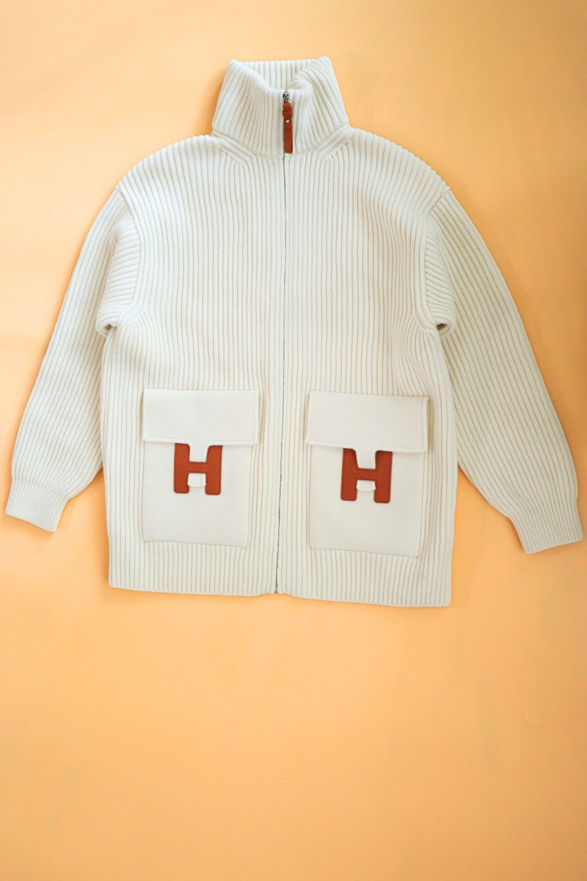 NEW Hermes Blouson Cardigan Blanc Naturel Wool Knit H Leather Pocket Size 34