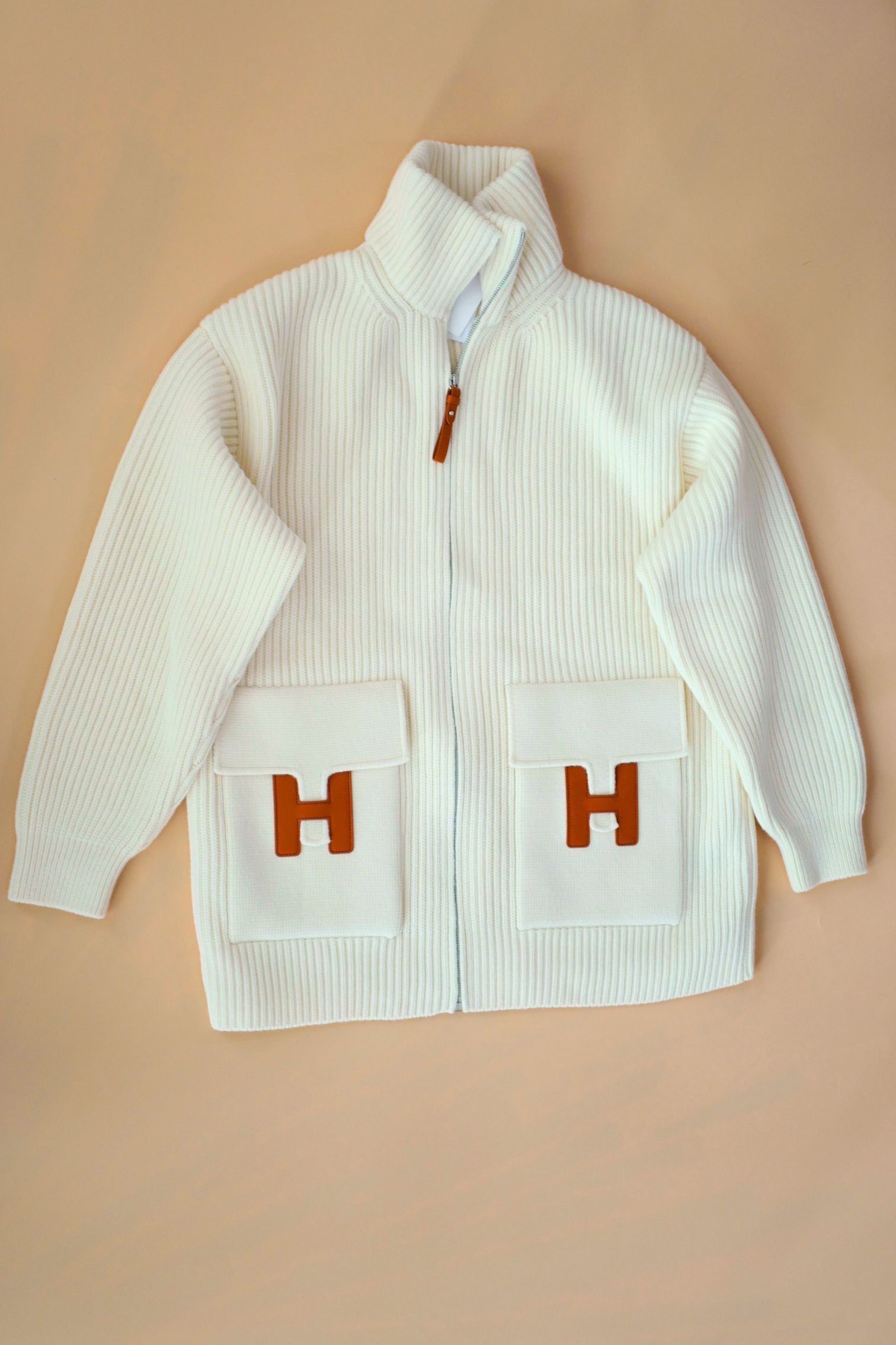 Hermès Blouson Cardigan Blanc Naturel Wool Knit Size 34