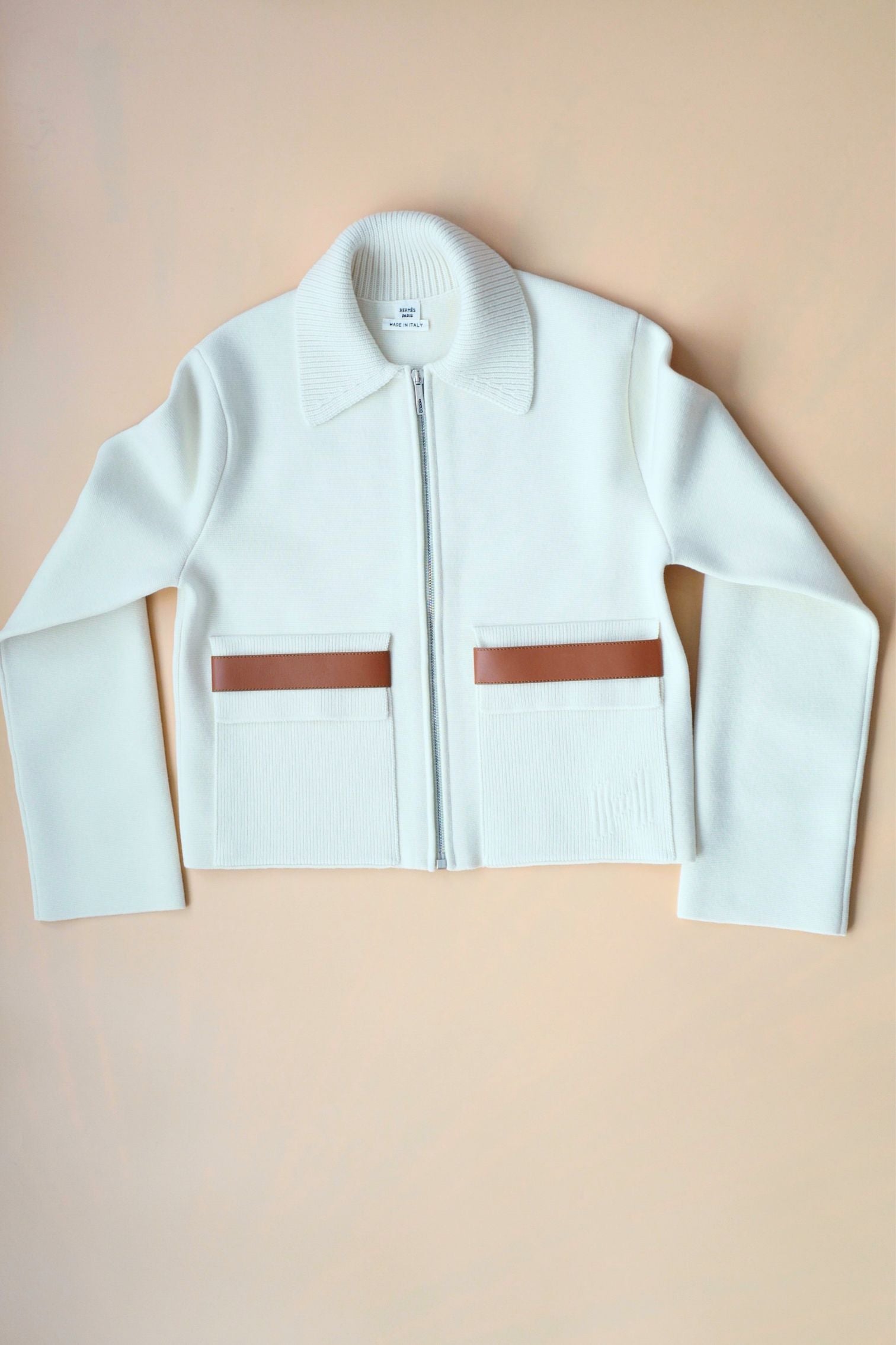 Hermès Woman Outdoor Jacket with Pockets Blanc Naturel Compact Knit Size 34