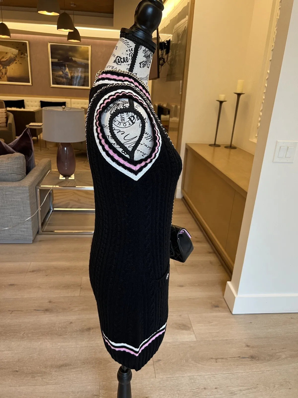 Chanel 23P RTW Tennis Knit Dress in Black, Pink and Ecru Strip Details 36