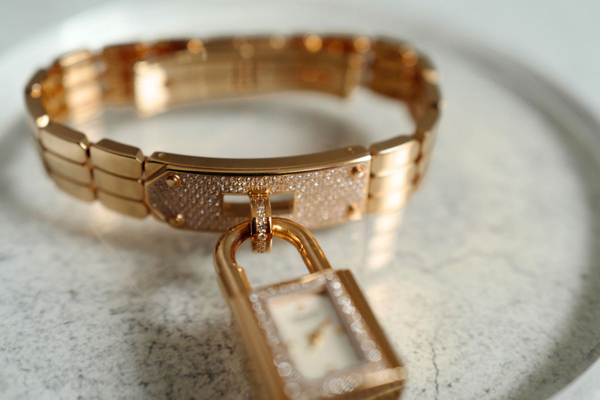 BNIB Hermes Mini Kelly Watch Rose Gold 16 mm With Diamond Set Over $40K Retail