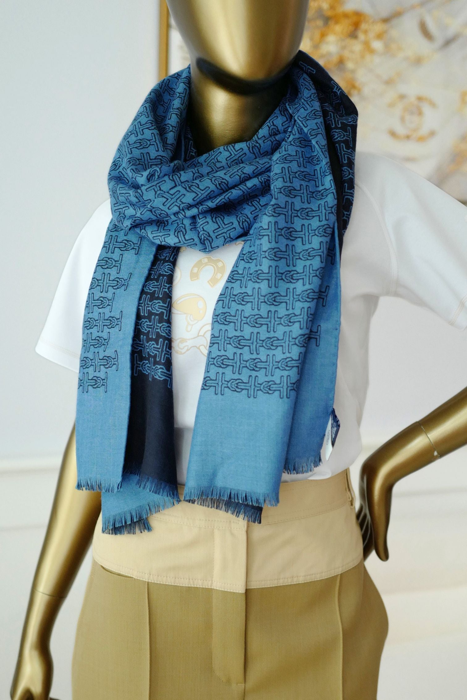 Hermès H Marin Reversible Scarf Cashmere Silk Marine / Bleu Océan