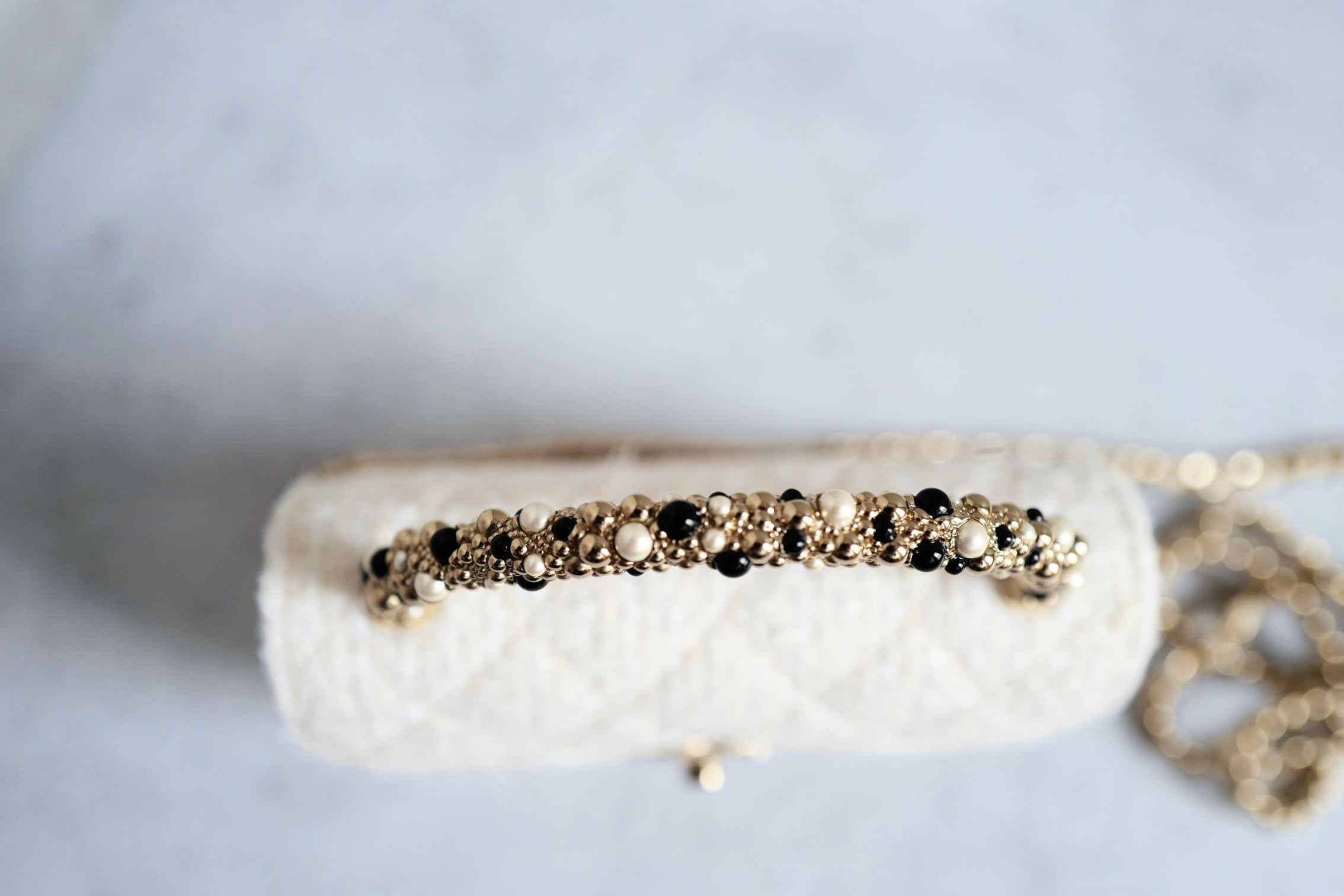 CHANEL 26C Top Handle Clutch With Chain in Tweed Pearl Ecru White Gold Hardware