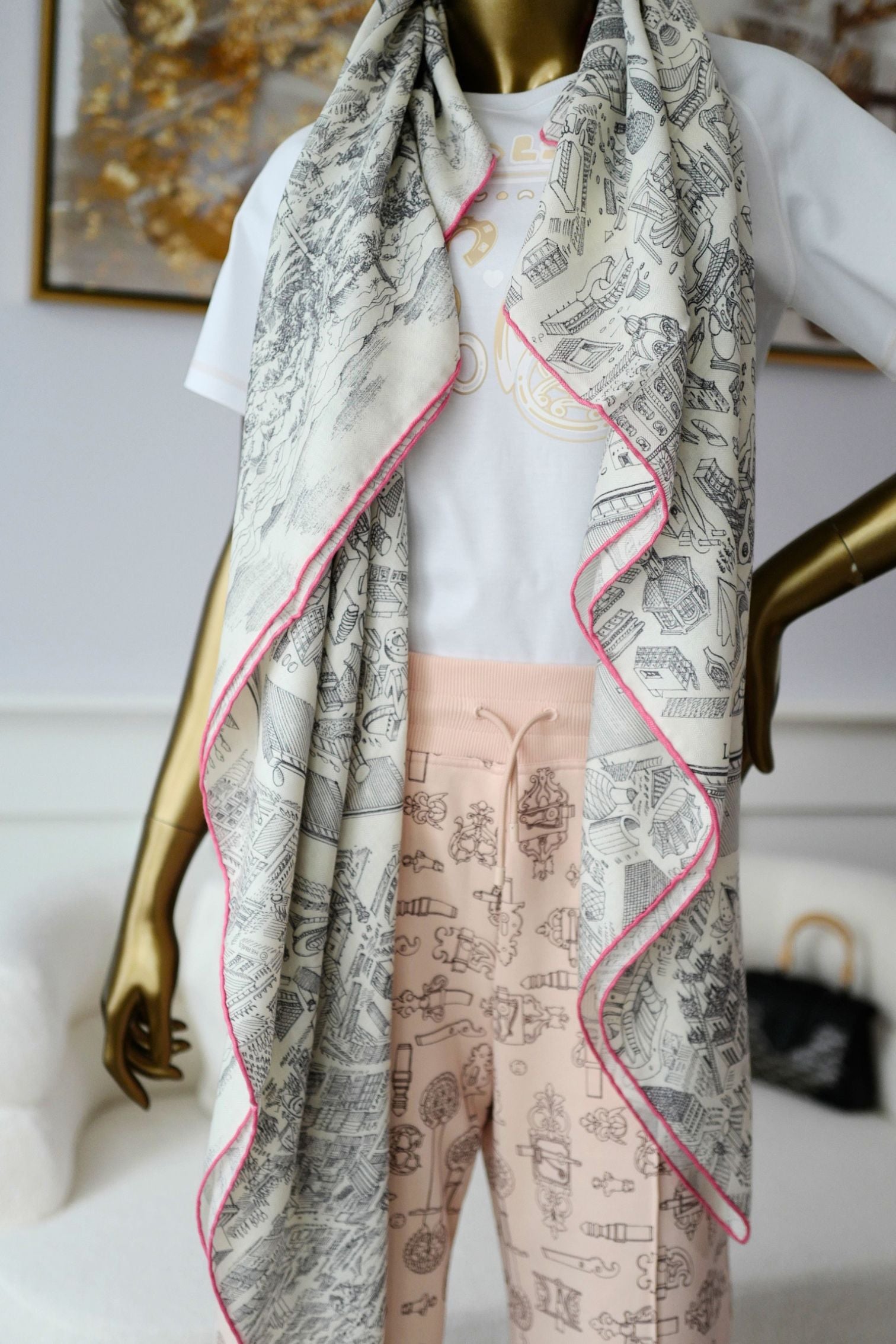 Hermès La Nouvelle Cite Cavaliere Shawl 140 Blanc/Gris/Rose Cashmere Silk
