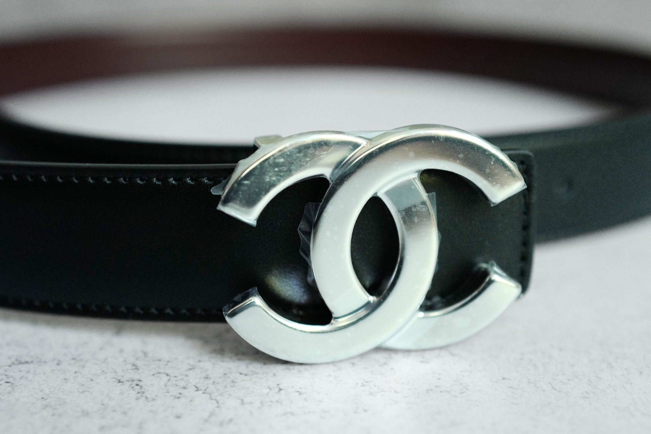 Chanel CC Reversible Belt Black Burgundy Silver Calfskin Metal Size 85