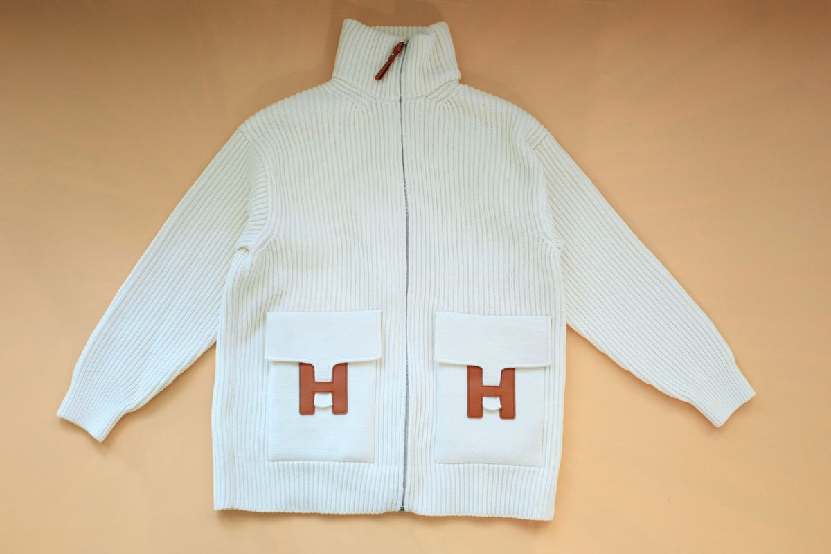 NEW Hermes Blouson Cardigan Wool Knit Blanc Naturel Size 34