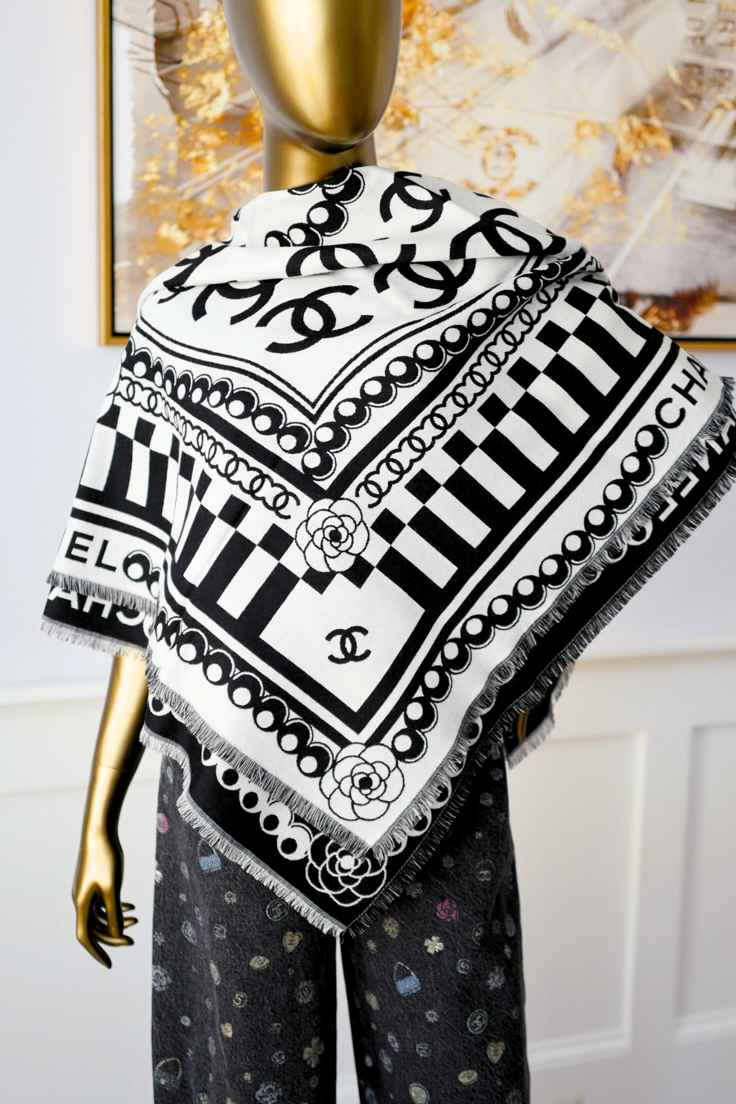 CHANEL 26C Black White Checkered Double CC Scarf Shawl