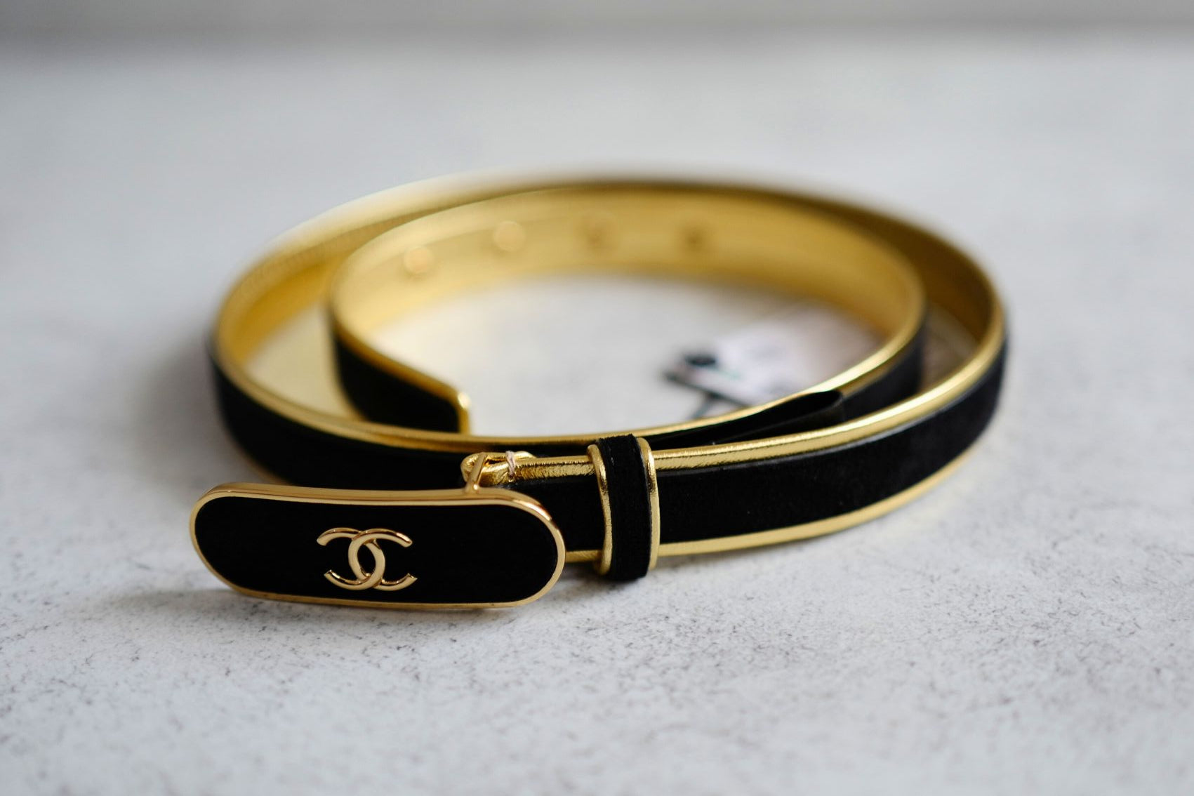 Chanel 24S Womens Leather Belt in Goatskin, Lambskin & Metal Black & Gold 80