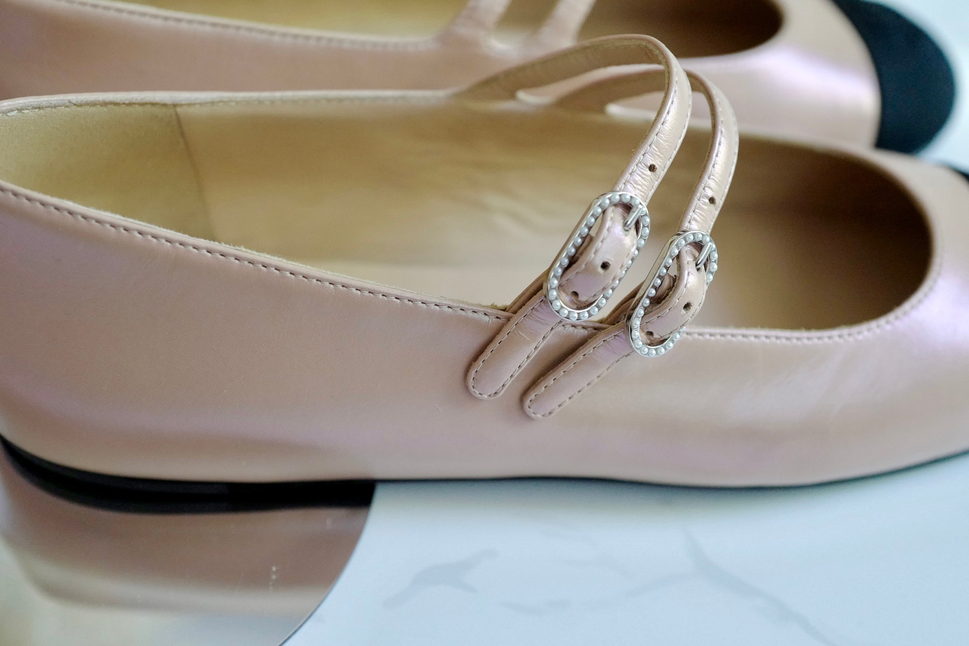 Chanel Lambskin Leather Mary Janes Flats Beige & Black With Straps Size 39