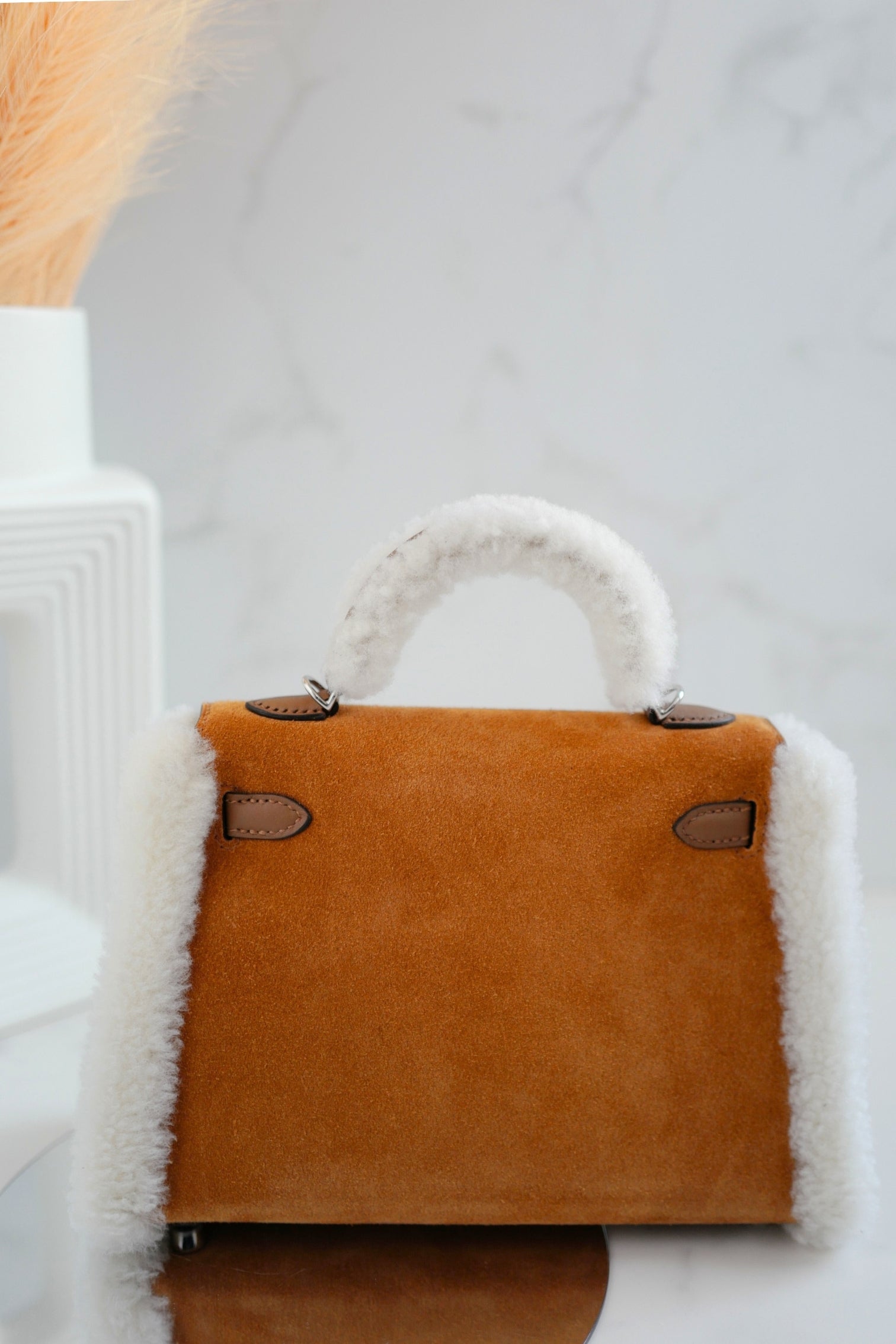 BNIB Hermès Mini Kelly Teddy Gold/Ecru/Alezan Shearling Suede Palladium Hardware