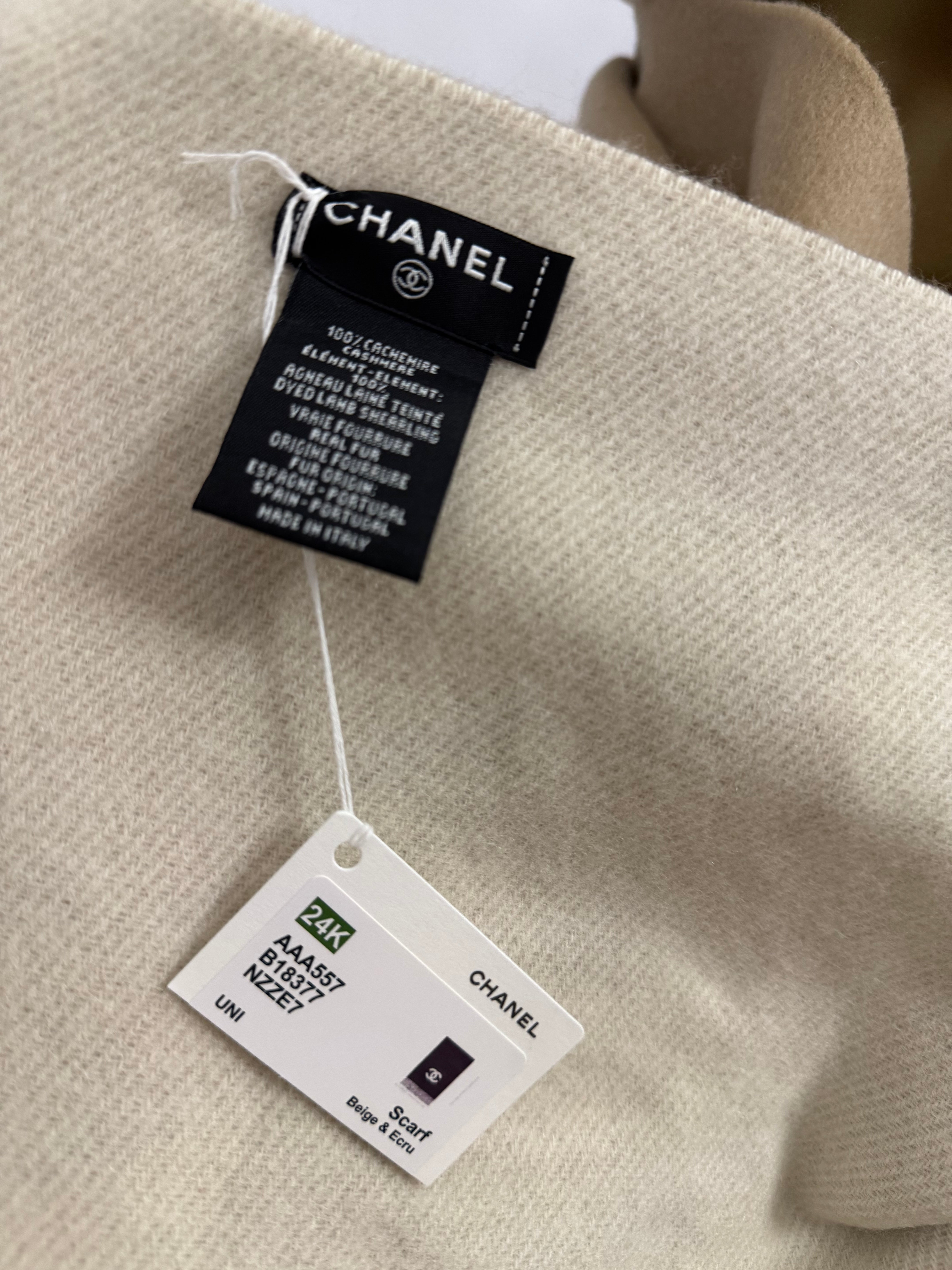 NEW Chanel 24K Coco Neige Cashmere & Shearling Lambskin Shawl in Beige & Ecru