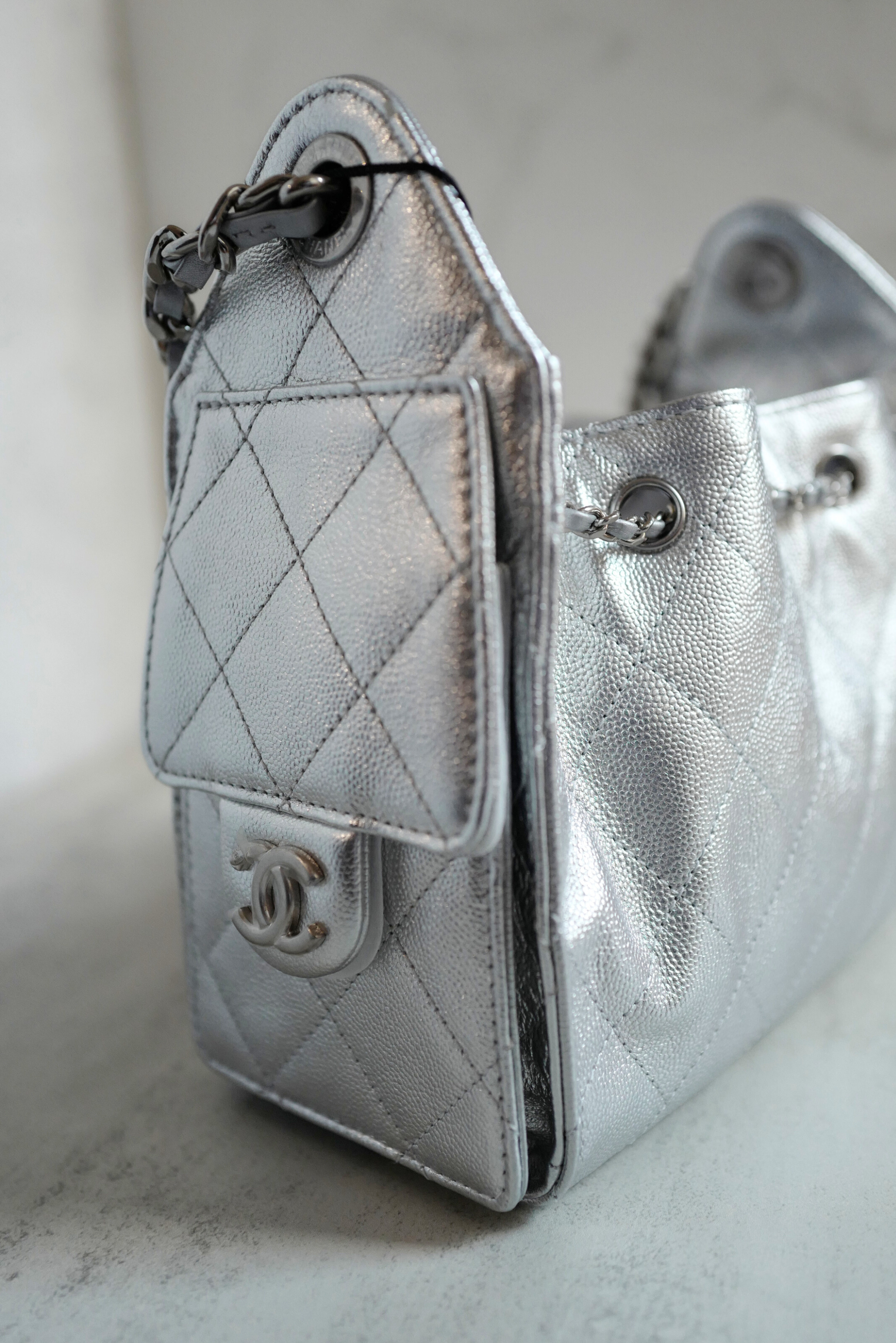 BNIB Chanel 26C Mini Hobo Metallic Silver Grained Calfskin Shoulder Bag