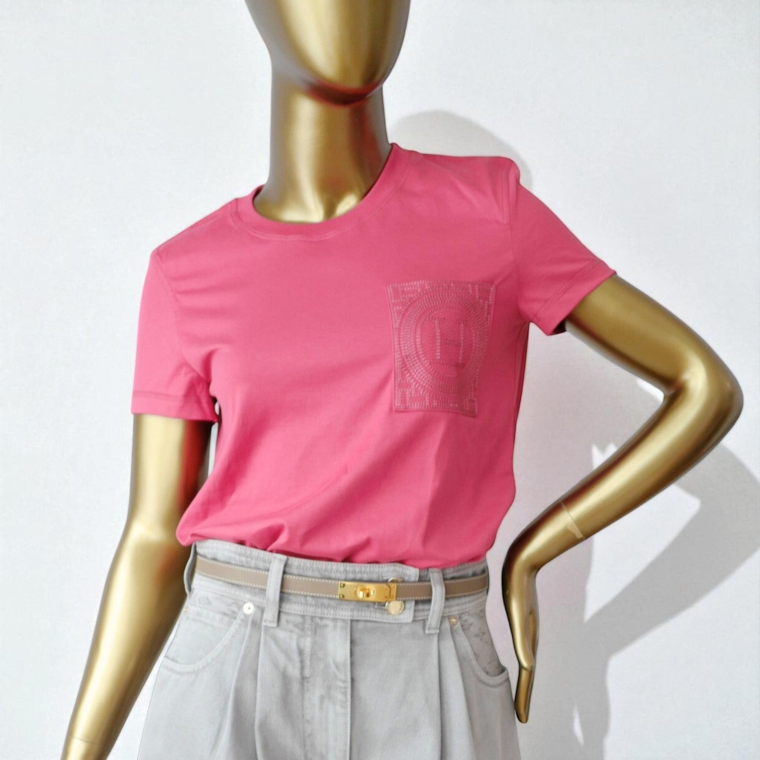 New Hermès Women’s Embroidered Pocket T-Shirt Rose Framboise Size 34