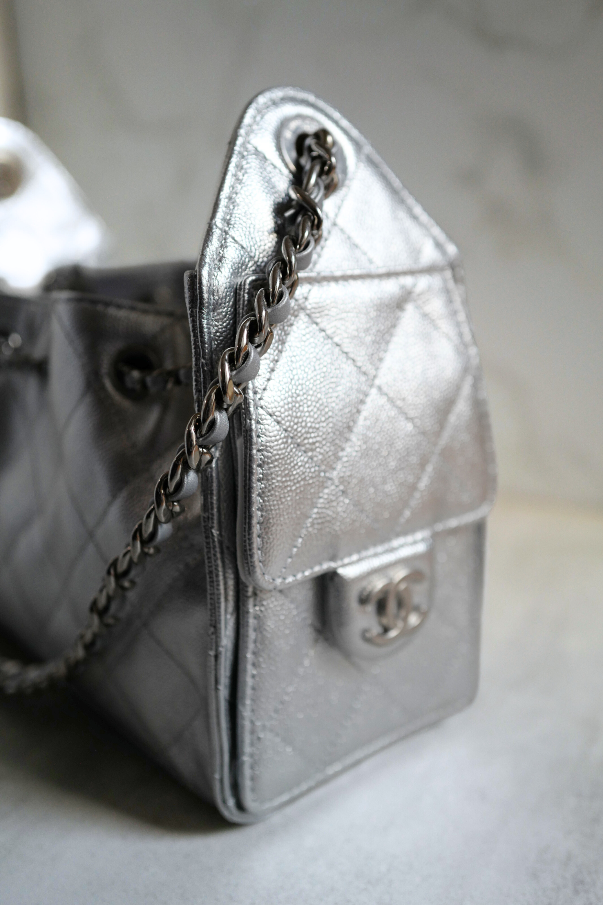 BNIB Chanel 26C Mini Hobo Metallic Silver Grained Calfskin Shoulder Bag